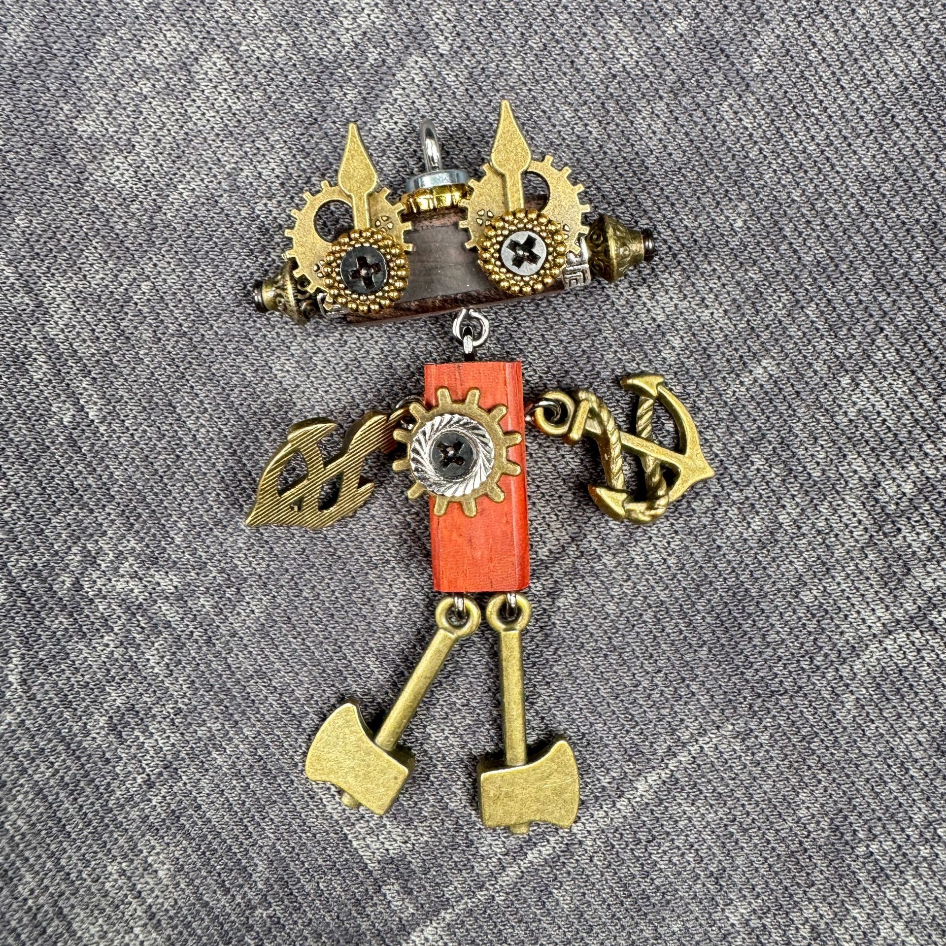 Steampunk Robot Wearable Art - Adjustable Handmade Wood Pendant for Custom Necklace & Tech Strap, Unisex Gift