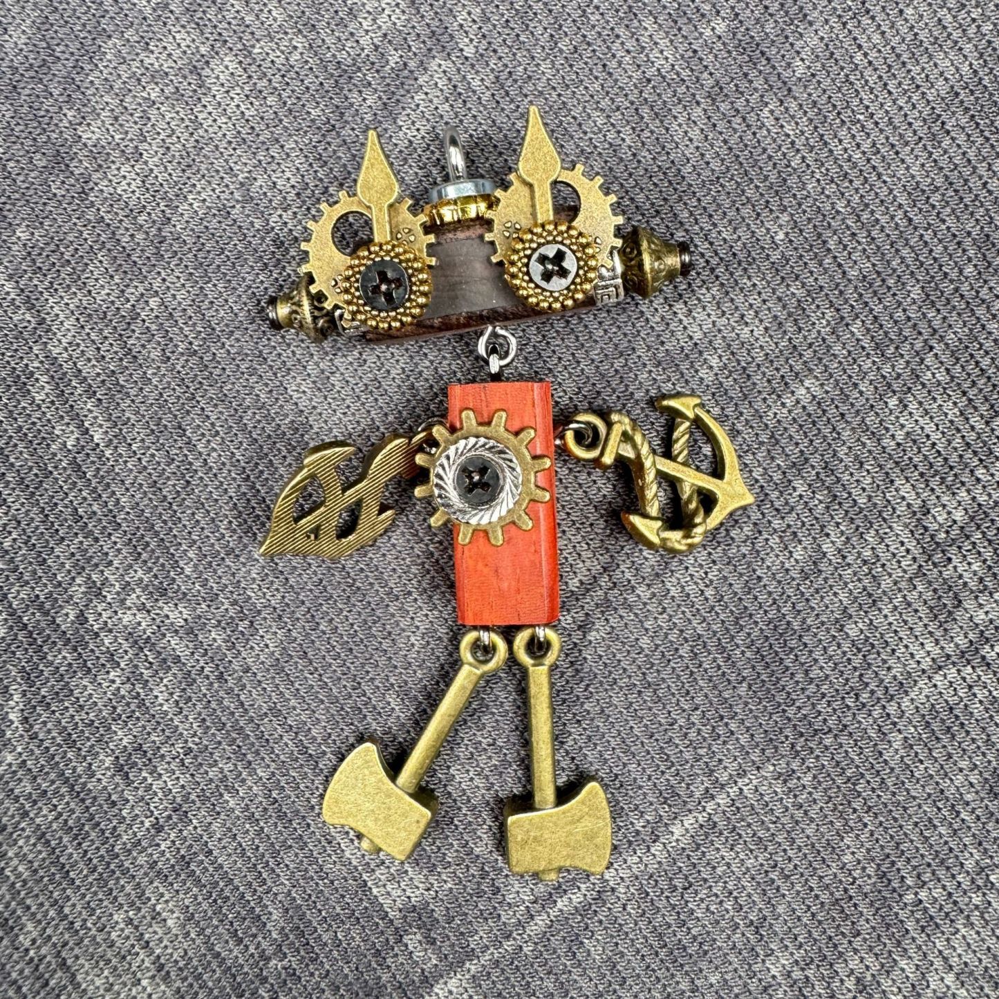 Steampunk Robot Wearable Art - Adjustable Handmade Wood Pendant for Custom Necklace & Tech Strap, Unisex Gift