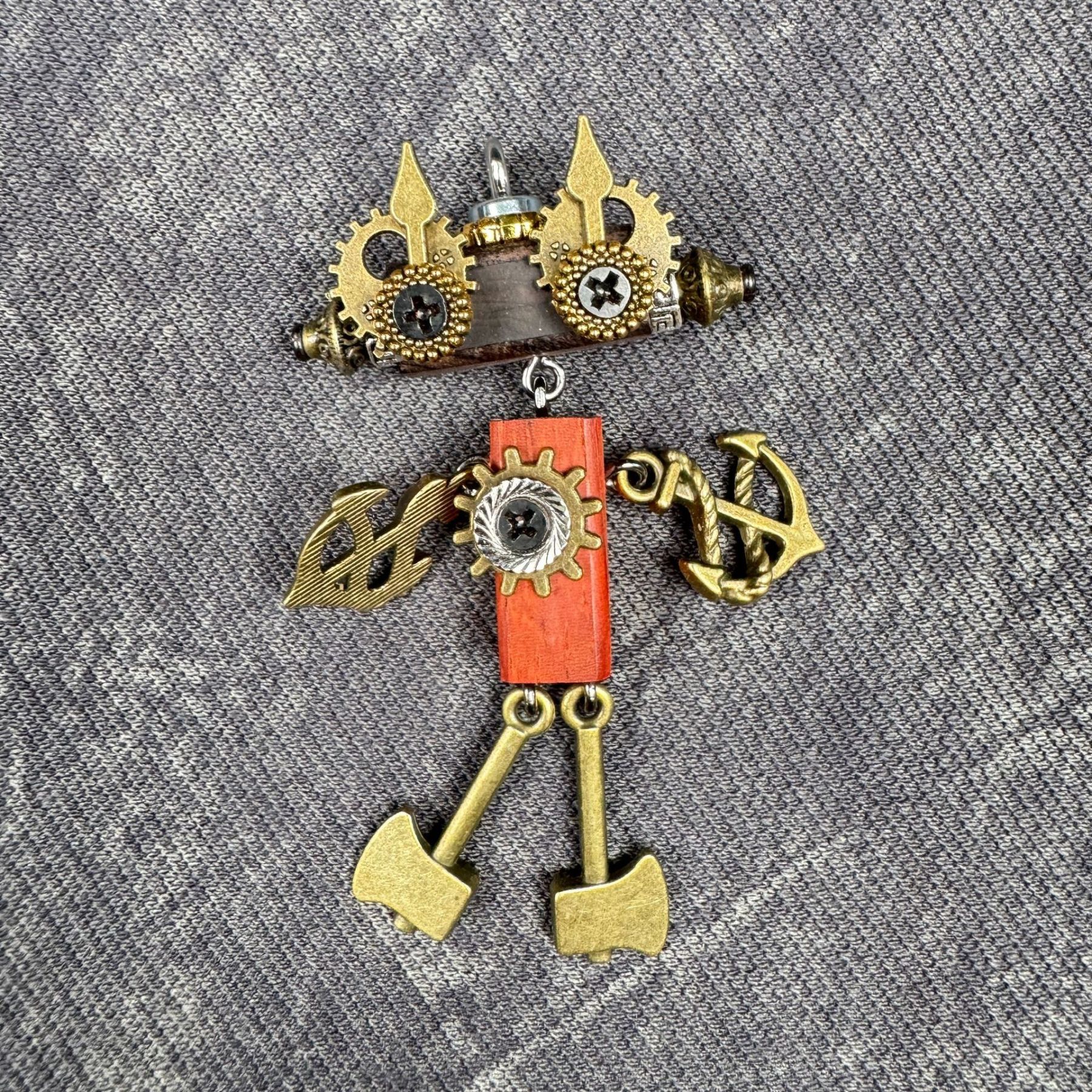 Steampunk Robot Wearable Art - Adjustable Handmade Wood Pendant for Custom Necklace & Tech Strap, Unisex Gift
