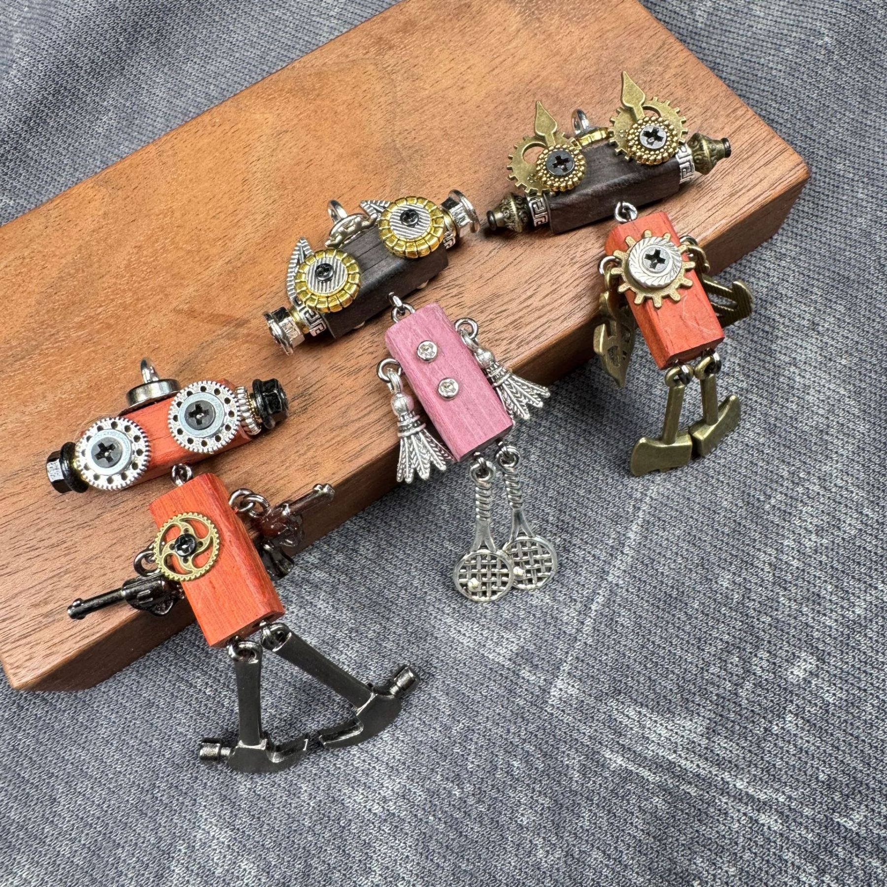 Steampunk Robot Wearable Art - Adjustable Handmade Wood Pendant for Custom Necklace & Tech Strap, Unisex Gift