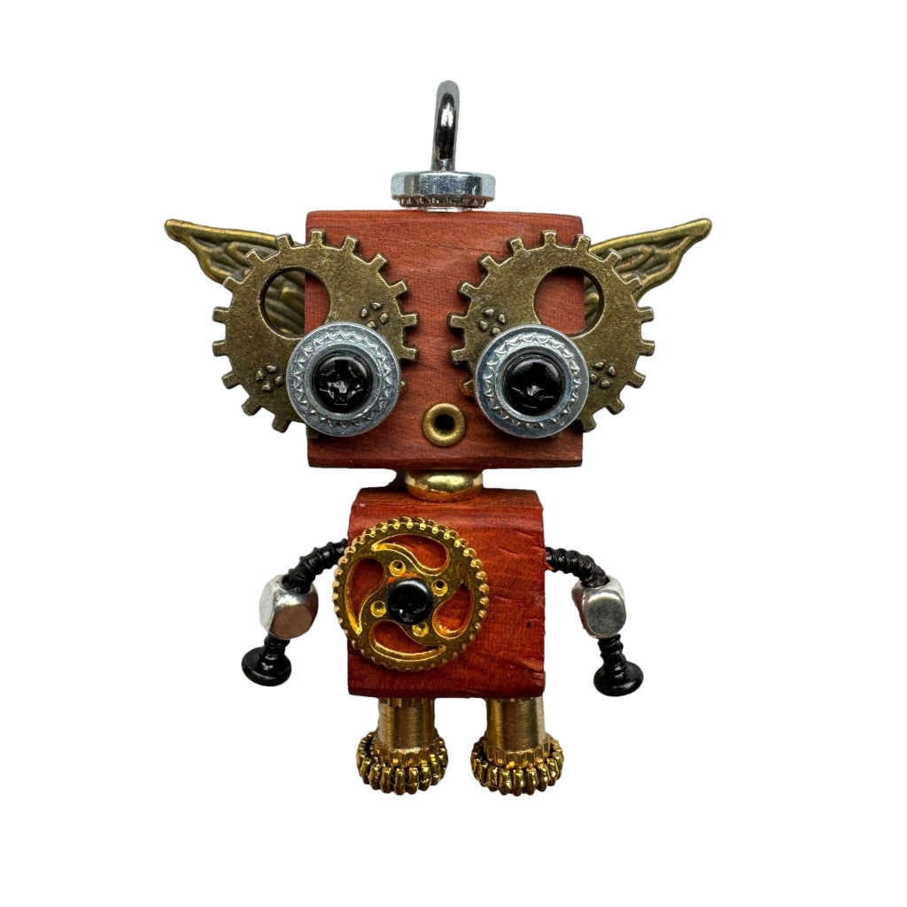 Handmade Mini Wooden Punk Robot Charm - Small Keychain, Phone Strap & Necklace Pendant for Men and Women