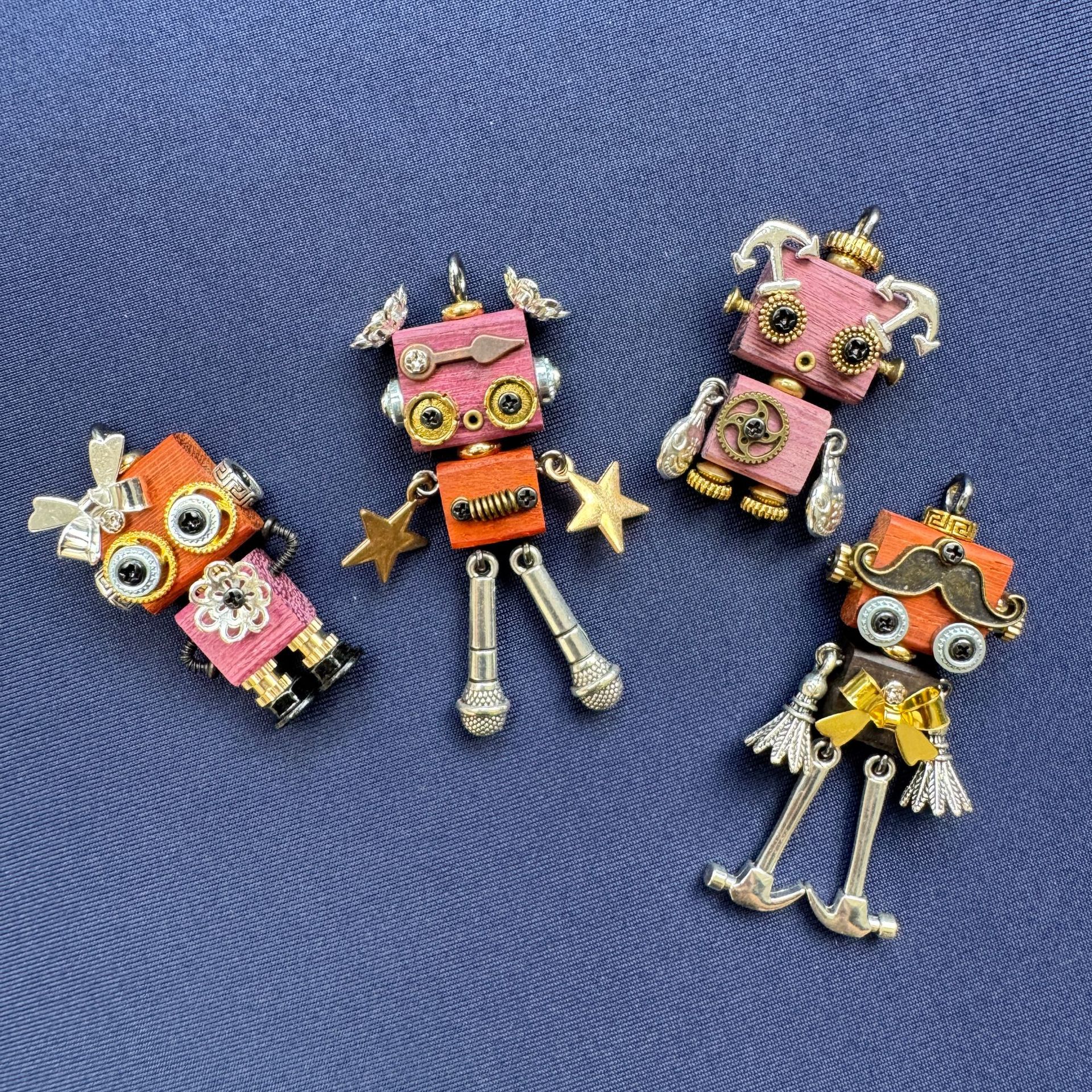Handmade Mini Wooden Punk Robot Charm - Small Keychain, Phone Strap & Necklace Pendant for Men and Women