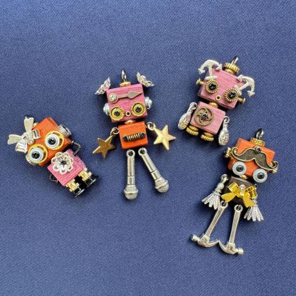 Handmade Mini Wooden Punk Robot Charm - Small Keychain, Phone Strap & Necklace Pendant for Men and Women