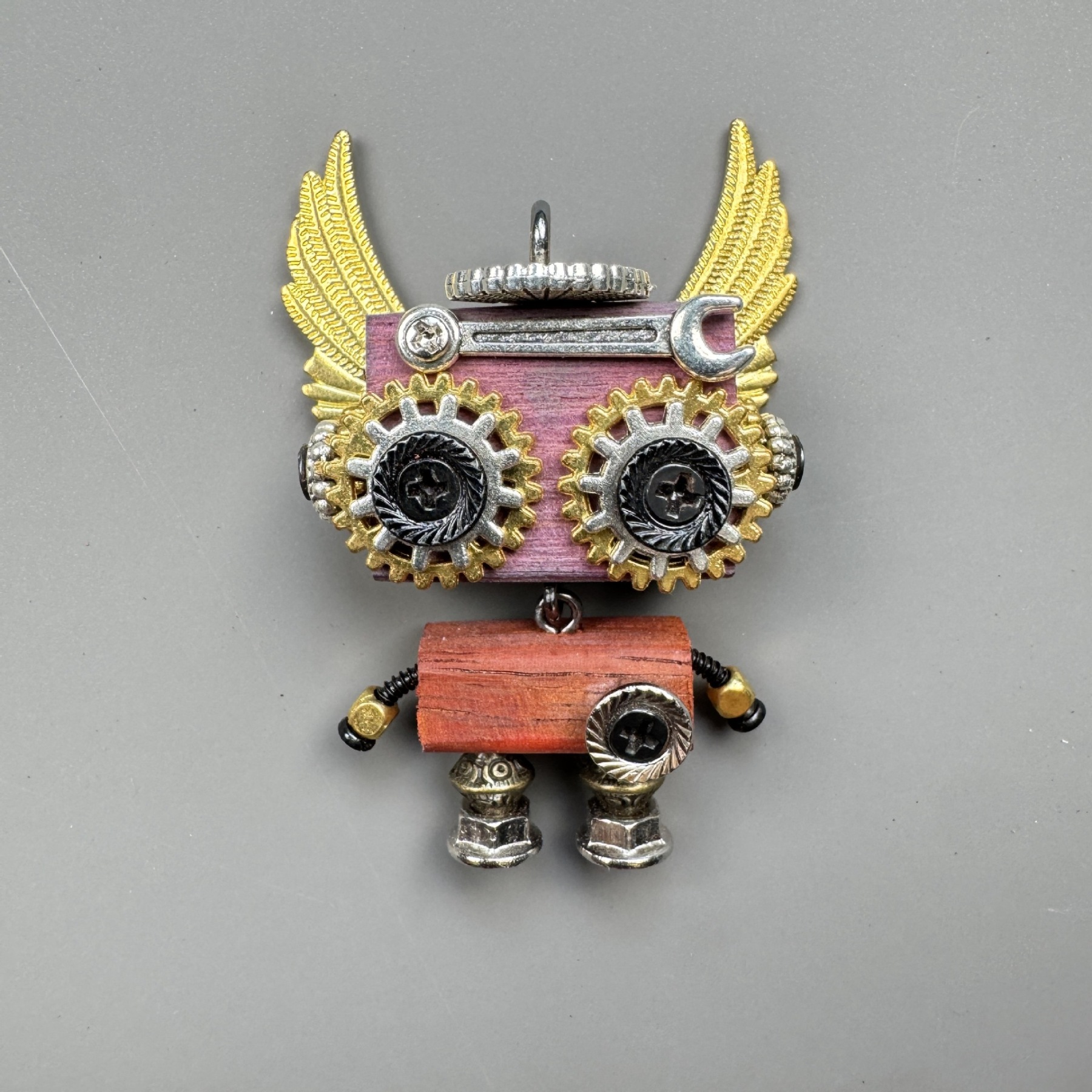 Unique Steampunk Robot Storytelling Piece - Handmade Wooden Pendant for Daily Carry, Unisex Jewelry & Tech Accessory