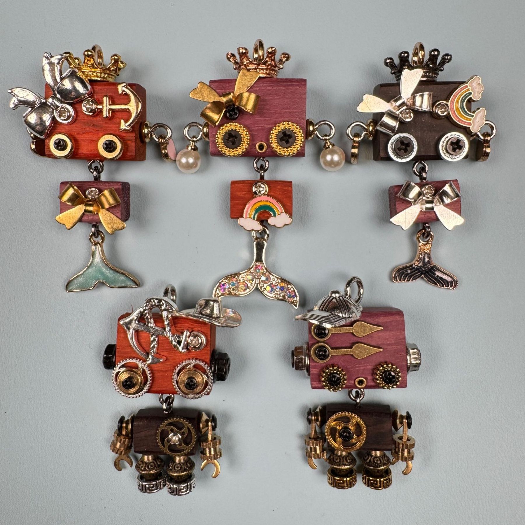 Steampunk Robot Pendant - Handcrafted Wooden Keychain, Necklace Charm & Phone Chain Accessory for Men and Women