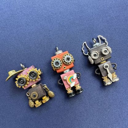 Handmade Mini Wooden Punk Robot Charm - Small Keychain, Phone Strap & Necklace Pendant for Men and Women