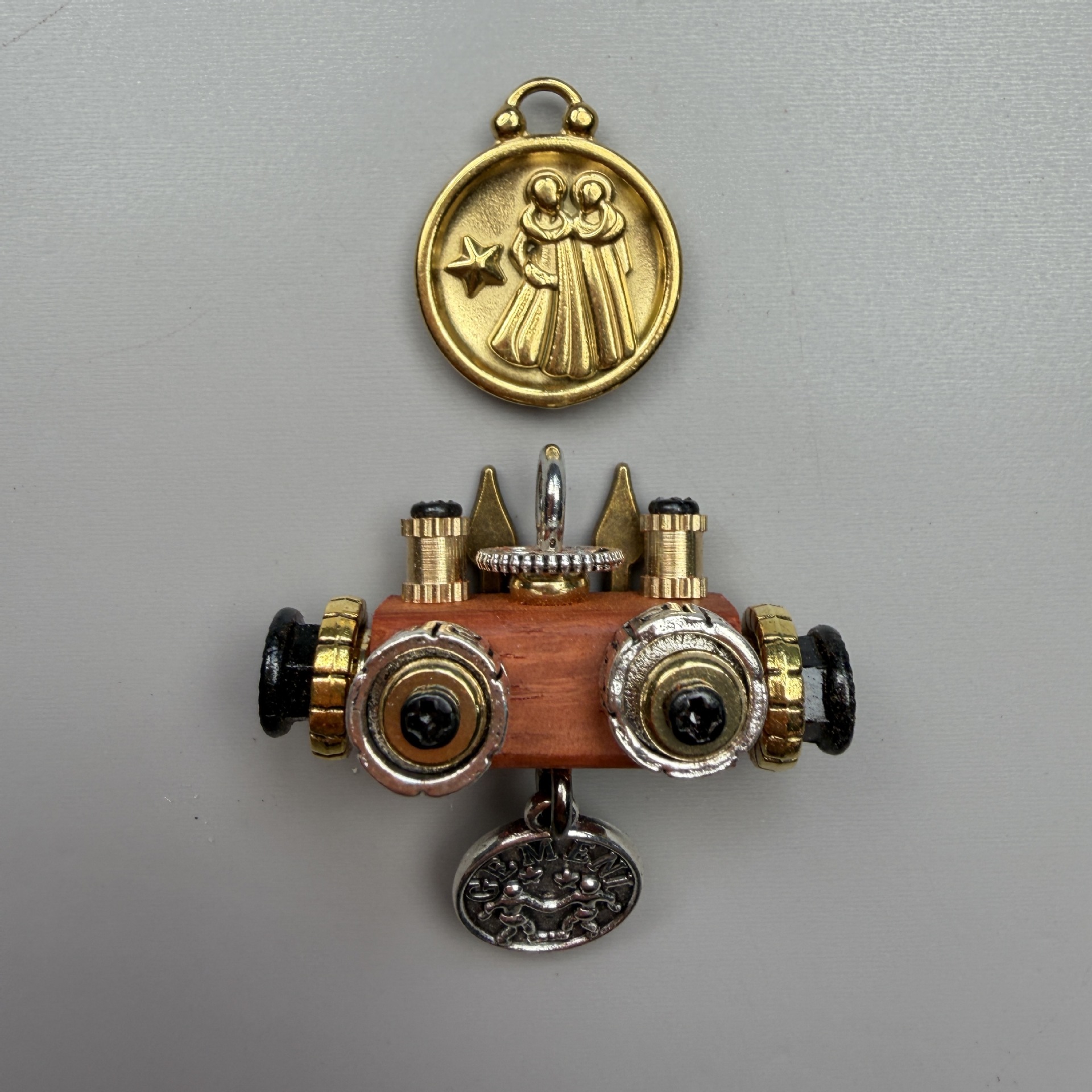 Zodiac Steampunk Robot Pendant - 12 Signs Handmade Wooden Charm for Necklace & Keychain, Unique Astrology Accessory