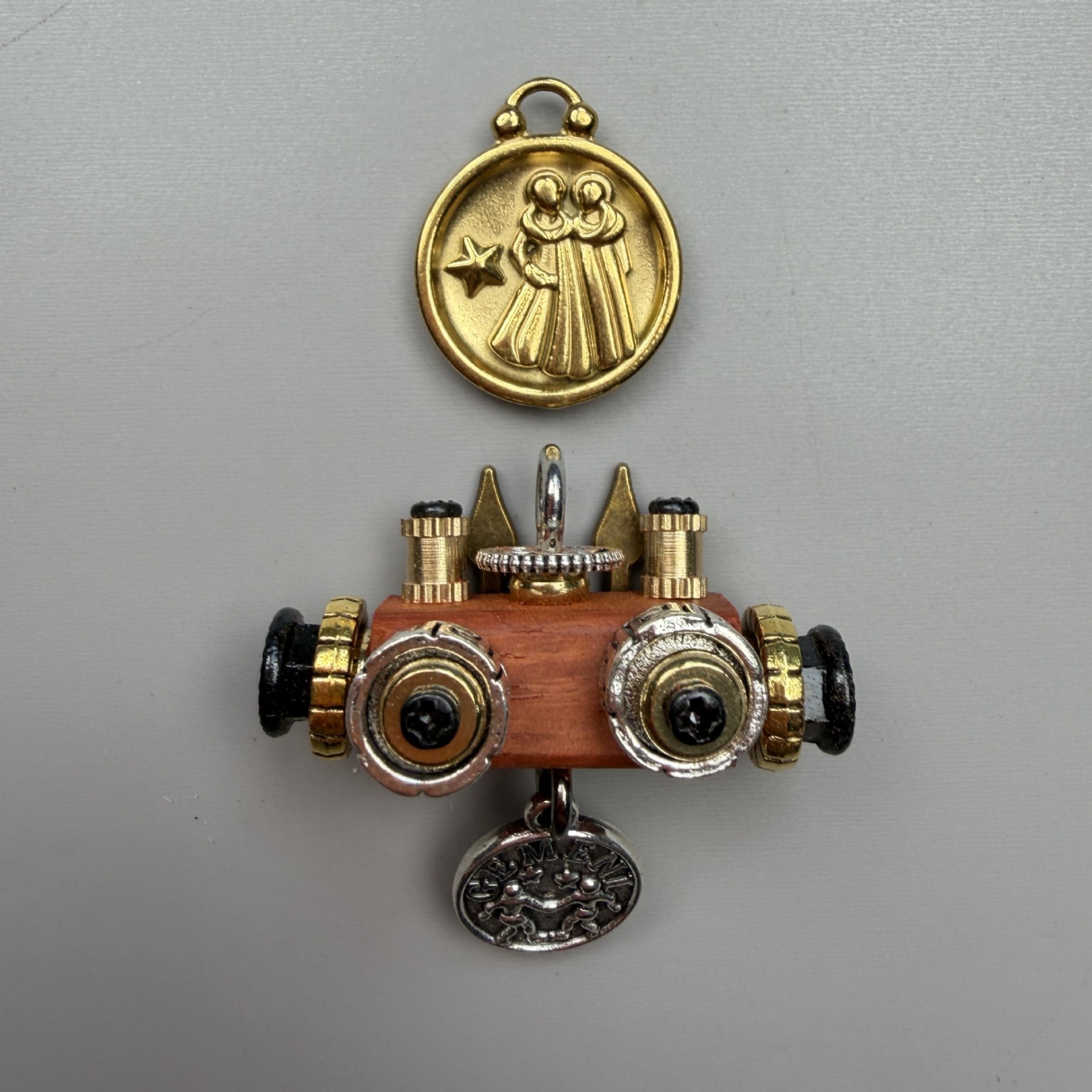 Zodiac Steampunk Robot Pendant - 12 Signs Handmade Wooden Charm for Necklace & Keychain, Unique Astrology Accessory