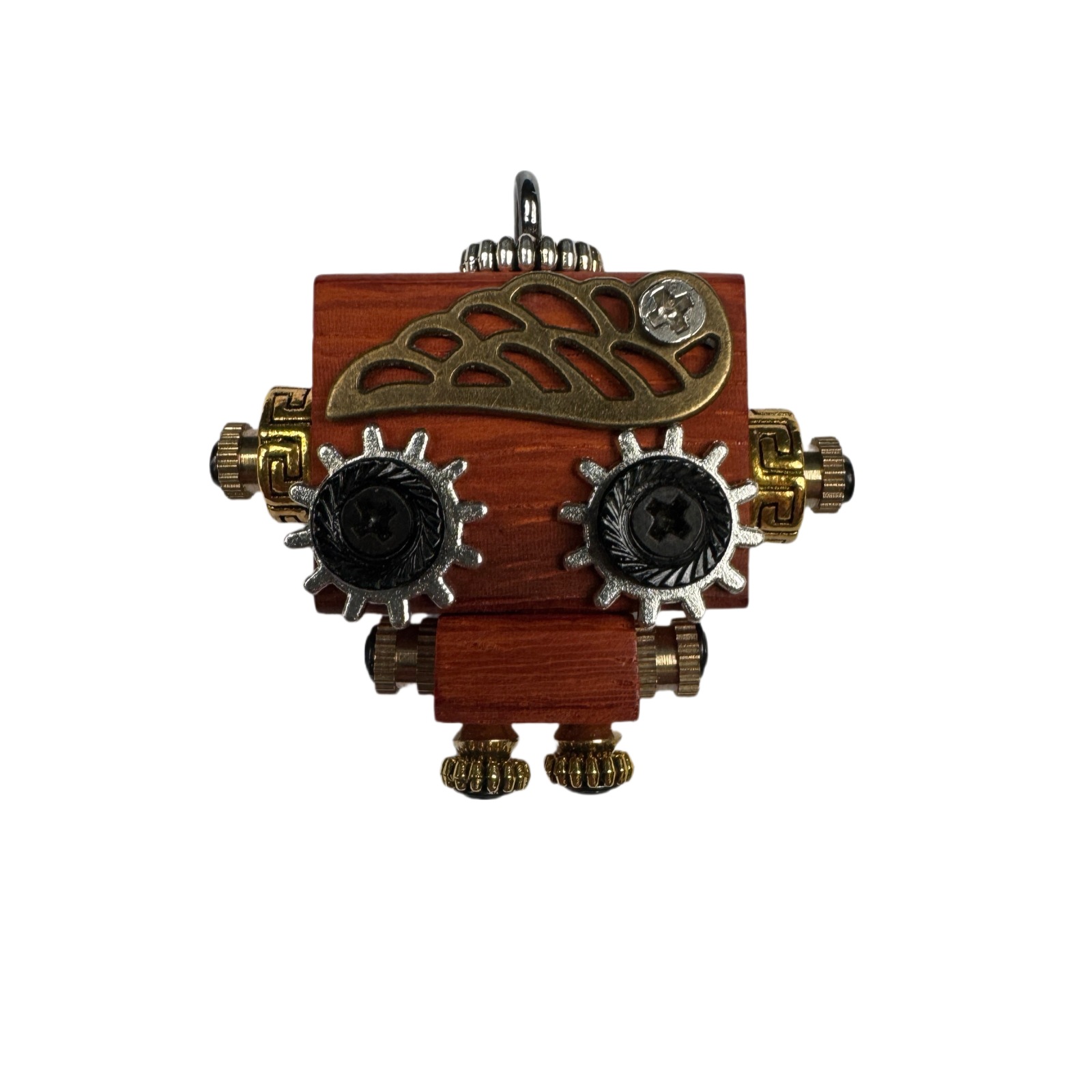 Pocket-Sized Steampunk Robot - Handmade Vintage-Tech Wood Pendant, Versatile Unisex Jewelry & Phone Charm