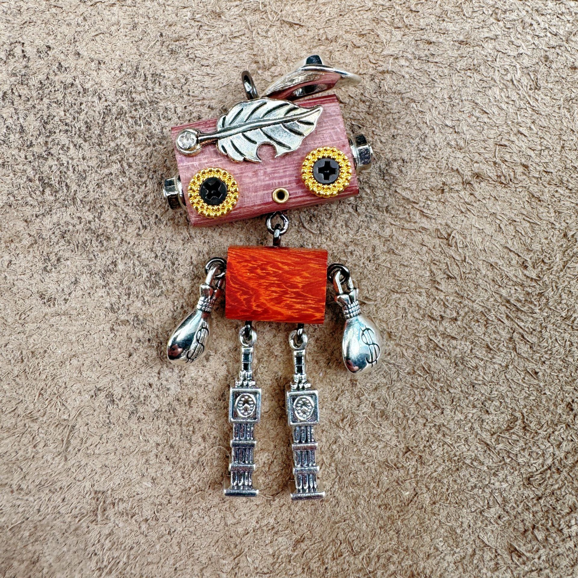 Handmade Punk Robot Wooden Pendant - Multi-Function Keychain, Phone Charm & Unisex Necklace | Stall Display Figurine