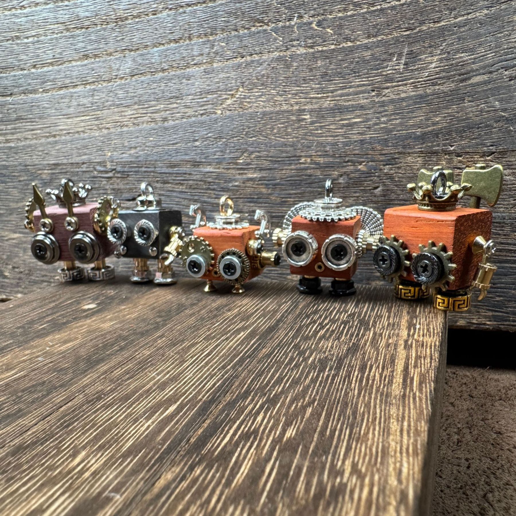 Handmade Steampunk Robot Pendant - Redwood Keychain, Phone Charm & Adjustable Unisex Necklace | Unique Gift