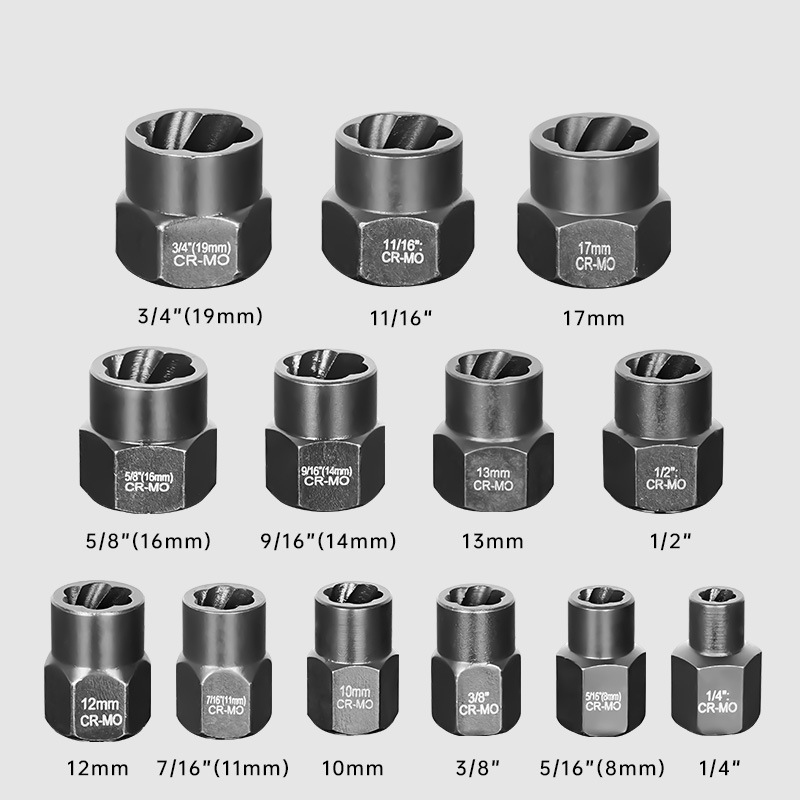 14-Piece Reverse Flute Nut Remover Socket Set | CR-MO Steel Forged | For Removing Rusted, Damaged, Stripped & Painted Nuts | 3/8" Standard Drive | Electric & Manual Use