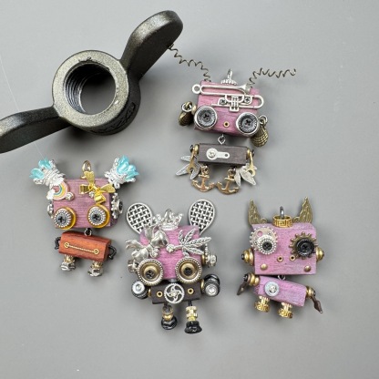 Wearable Steampunk Robot Art - Multi-Function Wooden Charm for Jewelry, Keys & Tech, Unique Geek Culture Accessory