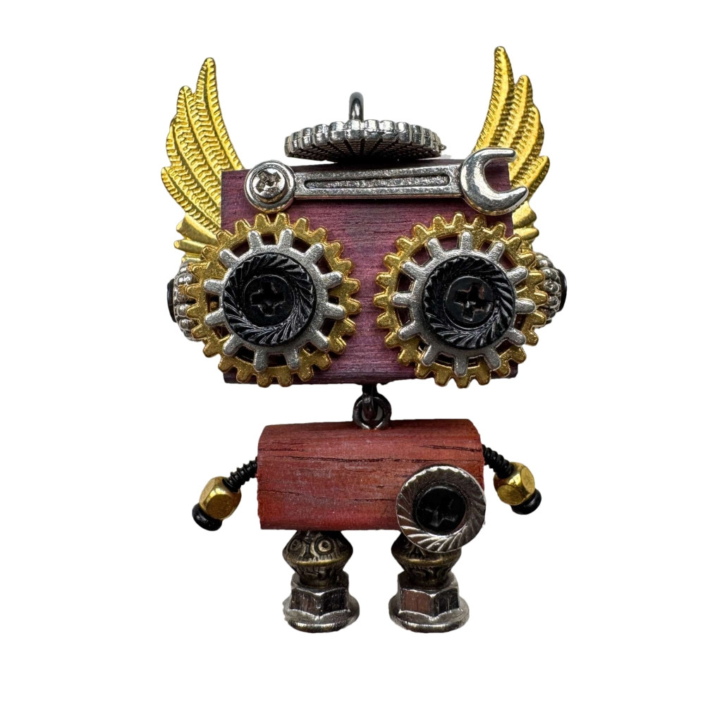 Unique Steampunk Robot Storytelling Piece - Handmade Wooden Pendant for Daily Carry, Unisex Jewelry & Tech Accessory
