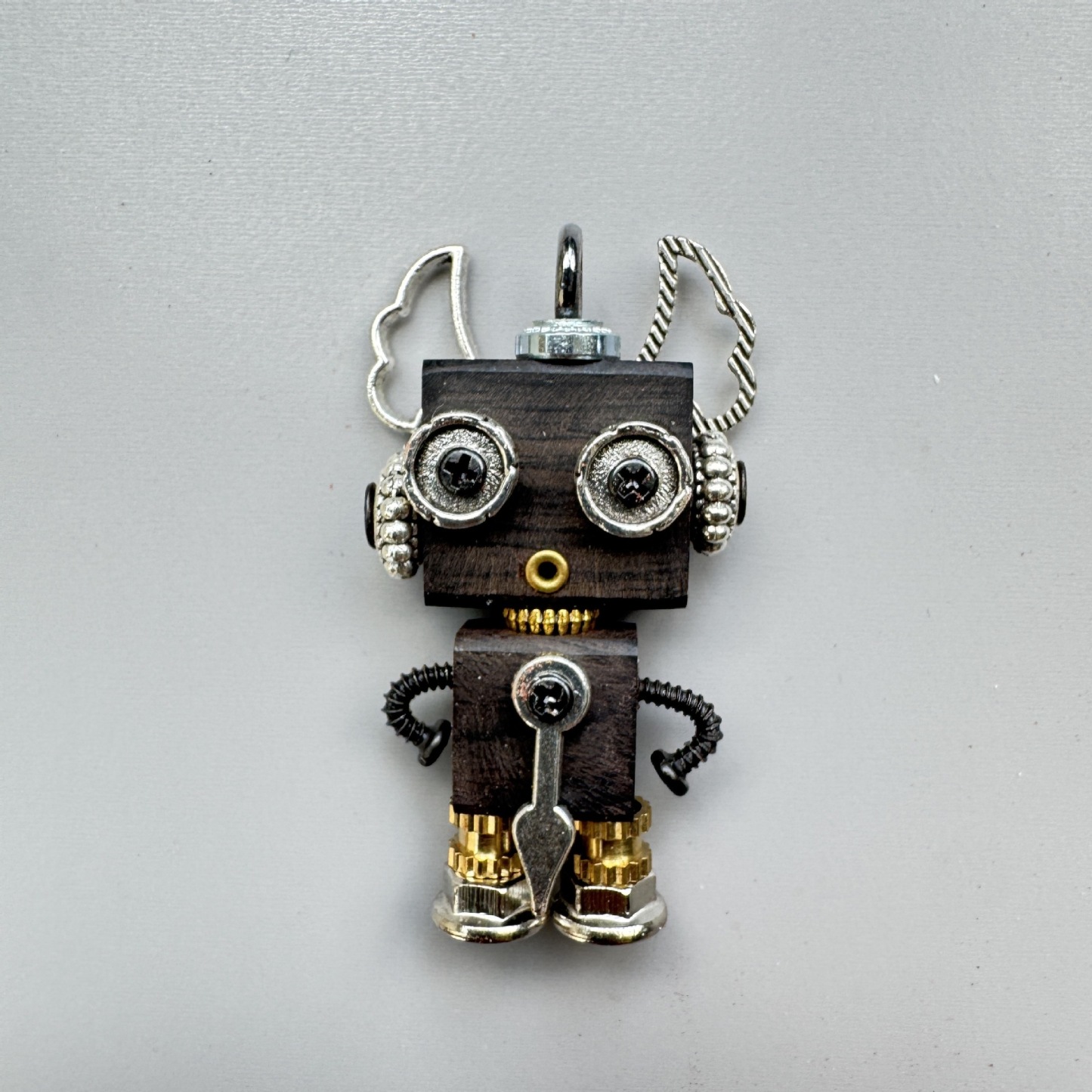 Handmade Mini Wooden Punk Robot Charm - Small Keychain, Phone Strap & Necklace Pendant for Men and Women