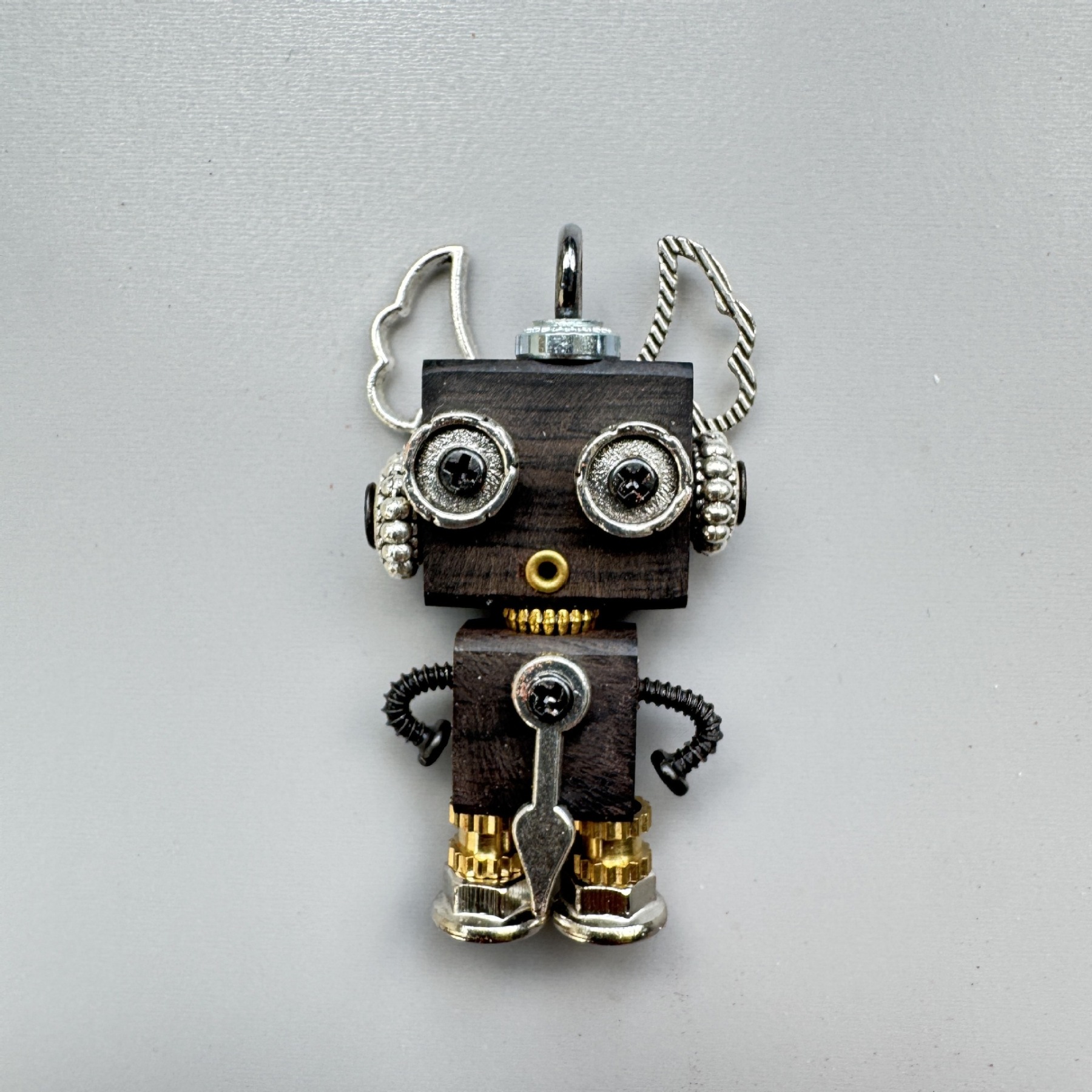 Handmade Mini Wooden Punk Robot Charm - Small Keychain, Phone Strap & Necklace Pendant for Men and Women