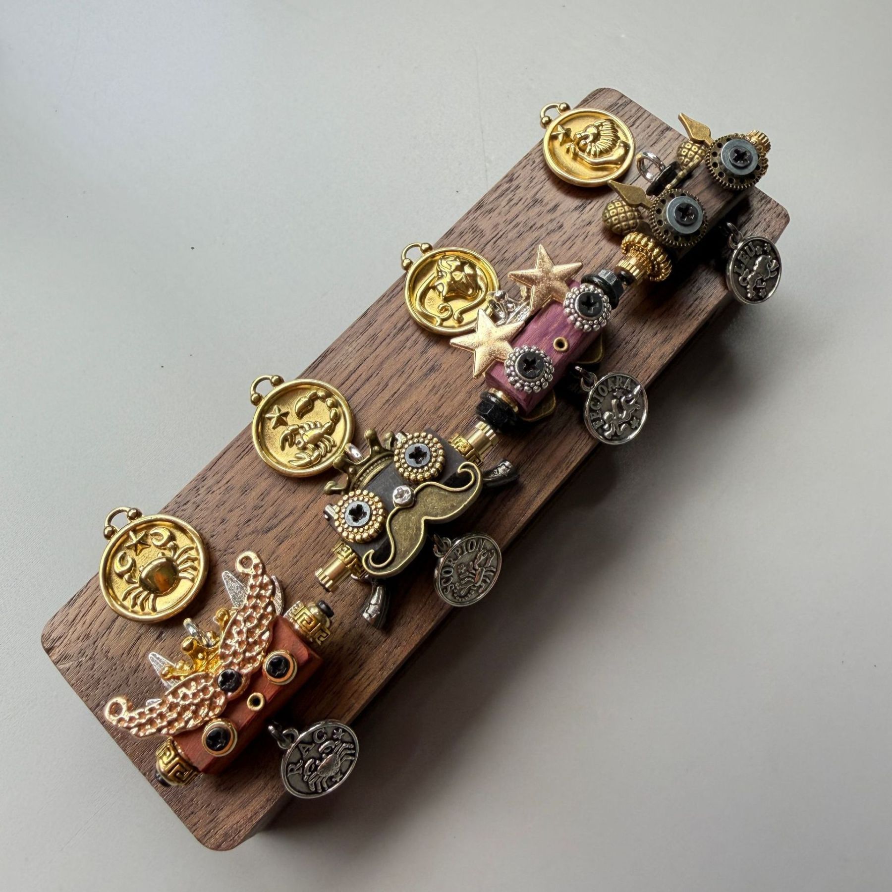 Zodiac Steampunk Robot Pendant - 12 Signs Handmade Wooden Charm for Necklace & Keychain, Unique Astrology Accessory