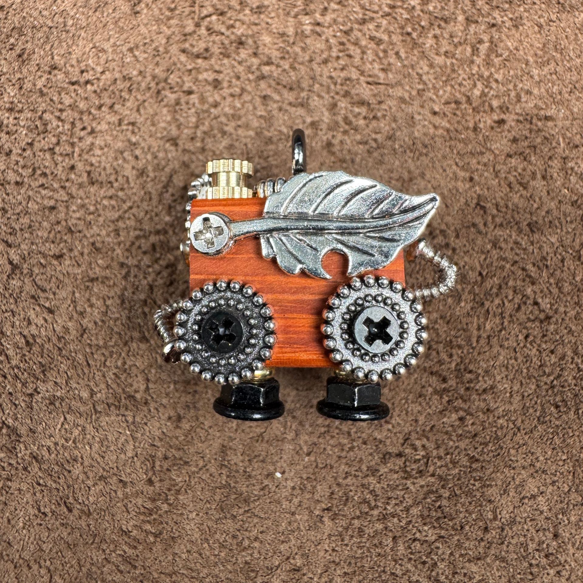 Handmade Steampunk Robot Pendant - Redwood Keychain, Phone Charm & Adjustable Unisex Necklace | Unique Gift