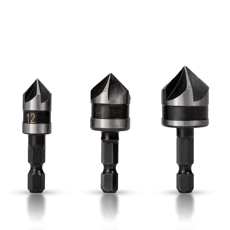 5-Flute 90° Countersink Drill Bit Set - High Carbon Steel Hex/Round Shank Wood Chamfer Tool (12/16/19mm) 3-Piece Kit