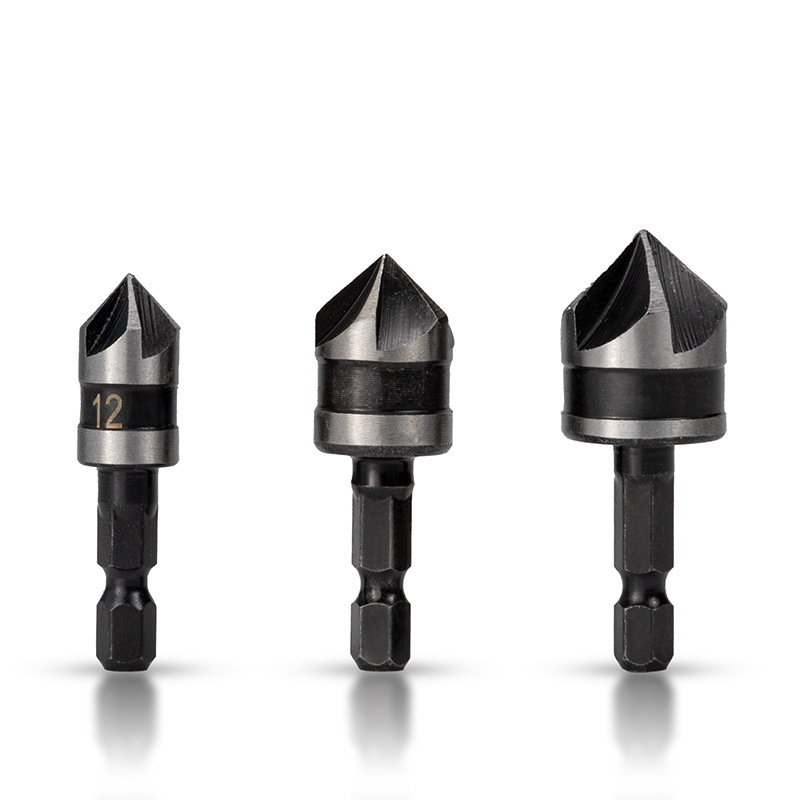 5-Flute 90° Countersink Drill Bit Set - High Carbon Steel Hex/Round Shank Wood Chamfer Tool (12/16/19mm) 3-Piece Kit