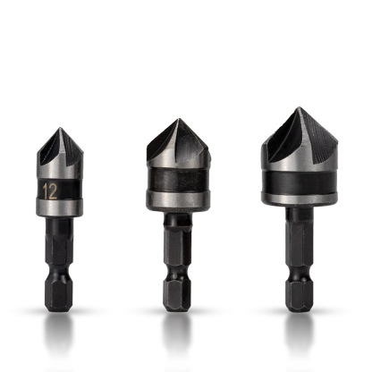 5-Flute 90° Countersink Drill Bit Set - High Carbon Steel Hex/Round Shank Wood Chamfer Tool (12/16/19mm) 3-Piece Kit