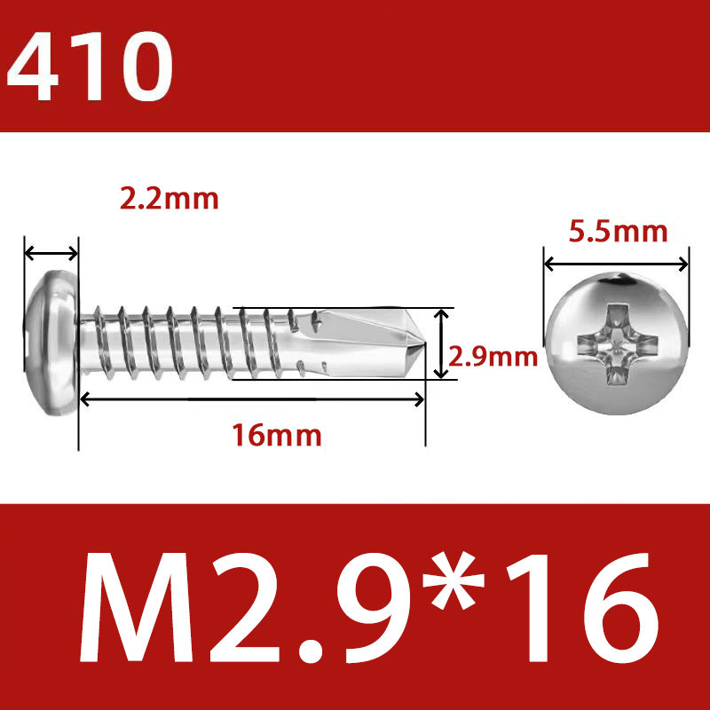 410 Stainless Steel Cross Round Head Self-Drilling Screws (Self-Tapping & Self-Drilling Teardrop Thread Screws) – Fully Hardened Fasteners, Full Specifications from M2.9 to M6.3
