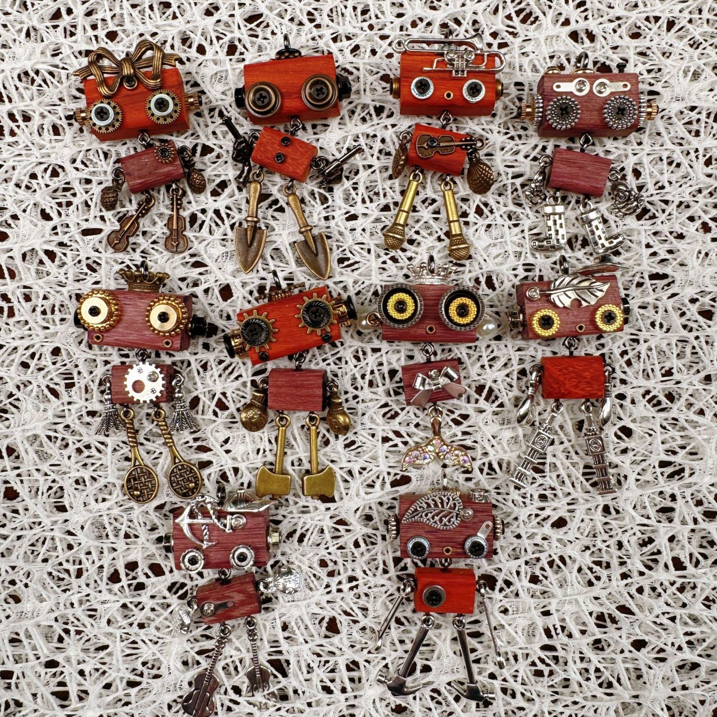 Handmade Punk Robot Wooden Pendant - Multi-Function Keychain, Phone Charm & Unisex Necklace | Stall Display Figurine