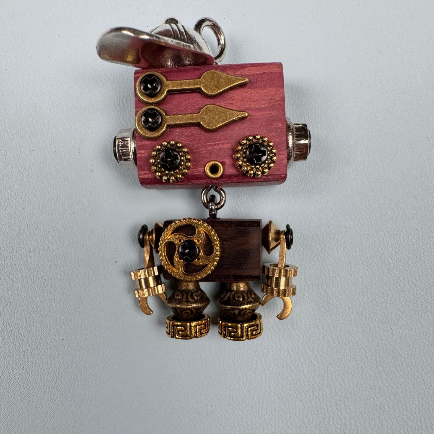 Steampunk Robot Pendant - Handcrafted Wooden Keychain, Necklace Charm & Phone Chain Accessory for Men and Women