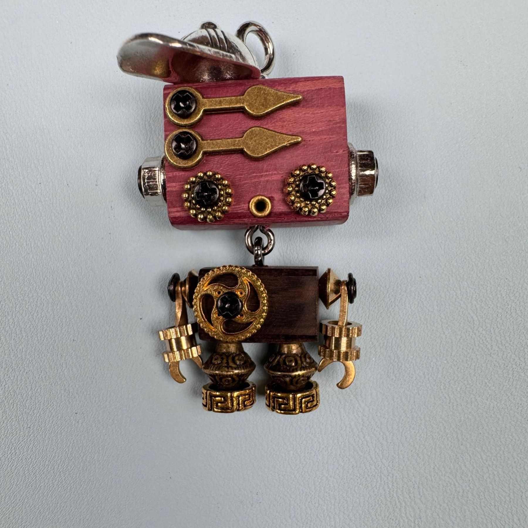 Steampunk Robot Pendant - Handcrafted Wooden Keychain, Necklace Charm & Phone Chain Accessory for Men and Women