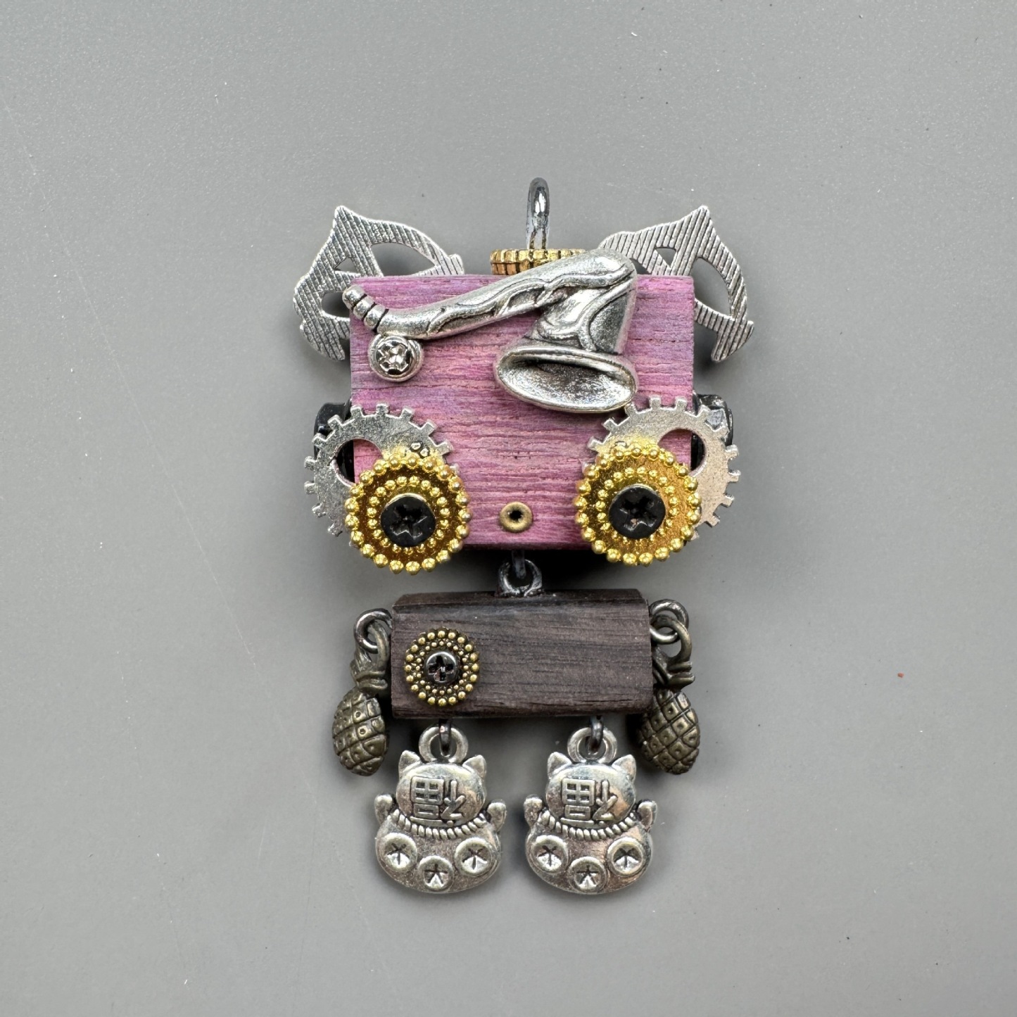 Unique Steampunk Robot Storytelling Piece - Handmade Wooden Pendant for Daily Carry, Unisex Jewelry & Tech Accessory