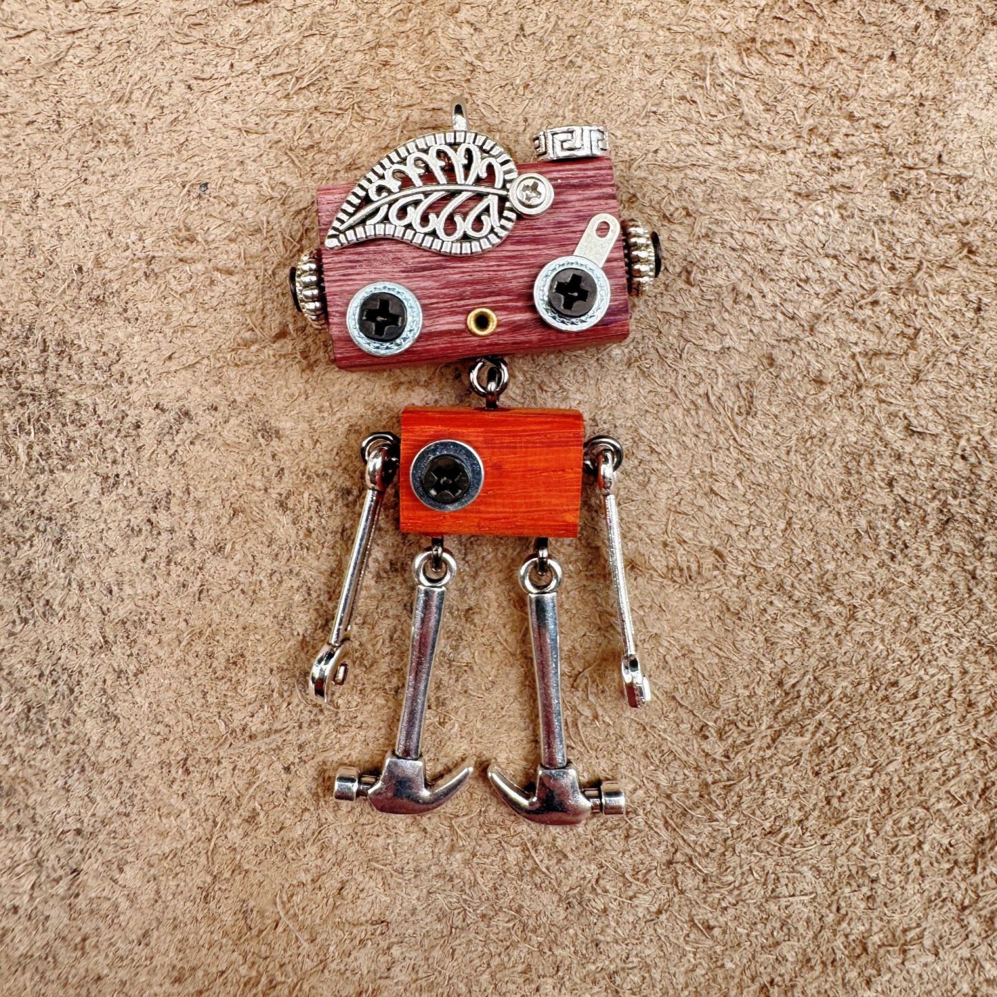 Handmade Punk Robot Wooden Pendant - Multi-Function Keychain, Phone Charm & Unisex Necklace | Stall Display Figurine