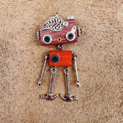 Handmade Punk Robot Wooden Pendant - Multi-Function Keychain, Phone Charm & Unisex Necklace | Stall Display Figurine