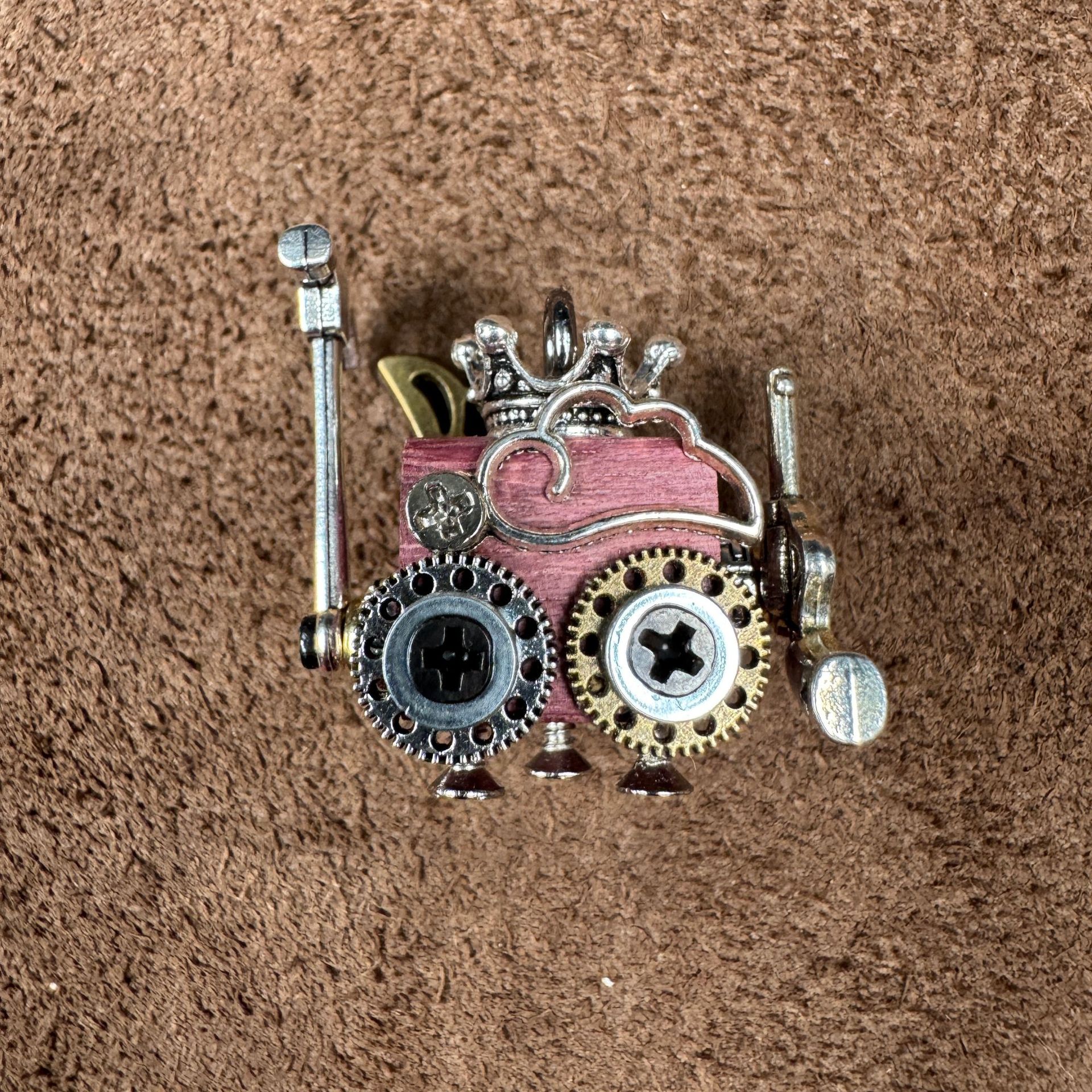 Handmade Steampunk Robot Pendant - Redwood Keychain, Phone Charm & Adjustable Unisex Necklace | Unique Gift