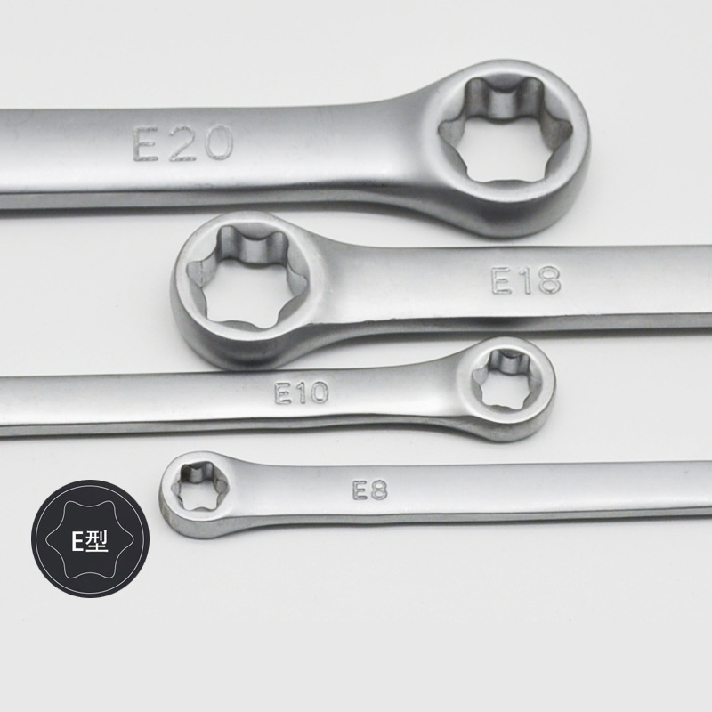 E-Type Double Head Mirror Finish Hex Torx Wrench Set - Professional Automotive Round Head 6-Point Star Sockets, 4-PC Chrome Vanadium Steel, Thickened Anti-Slip Tool Kit