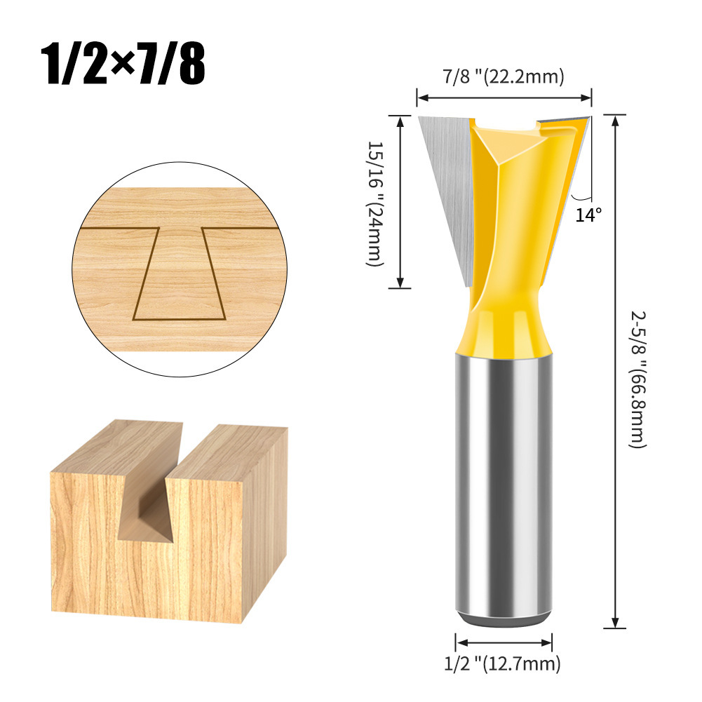 Dovetail Slot Bit - 1/4" & 1/2" Shank - Woodworking Router Bit for Dovetail Joints, Trim, and Edge Profiling - Teflon Coated
