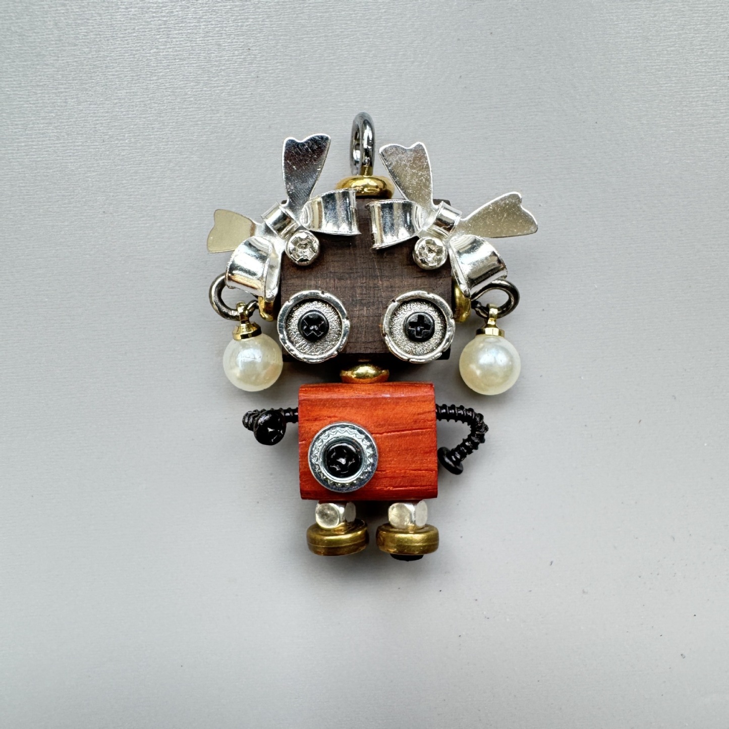 Handmade Mini Wooden Punk Robot Charm - Small Keychain, Phone Strap & Necklace Pendant for Men and Women