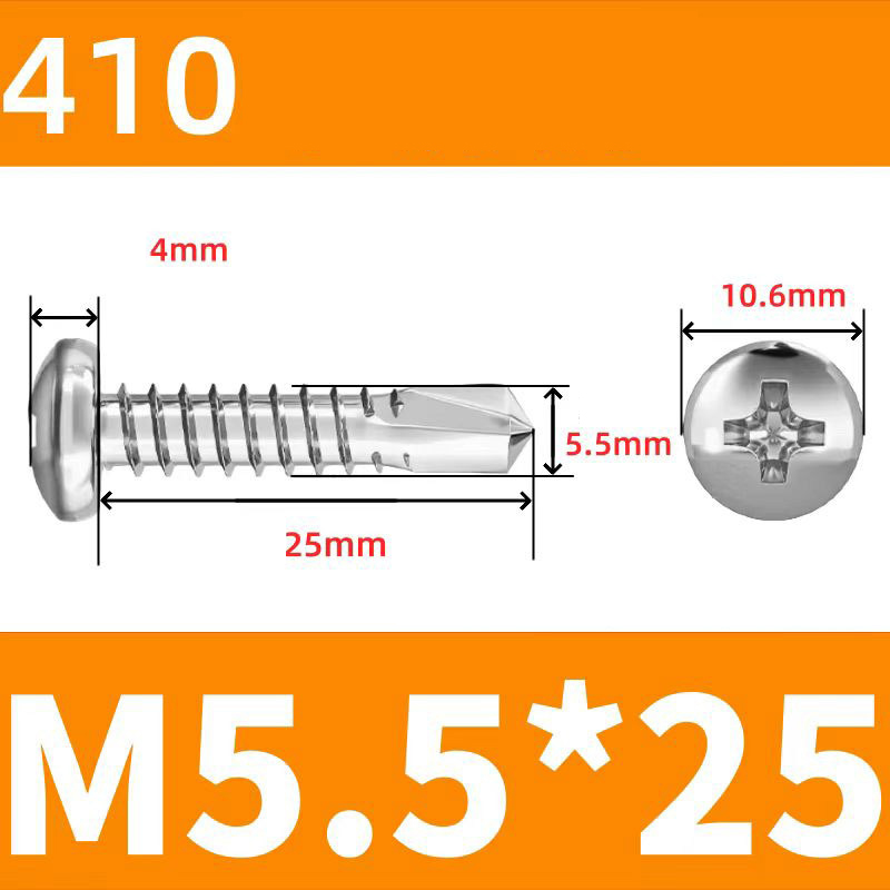 410 Stainless Steel Cross Round Head Self-Drilling Screws (Self-Tapping & Self-Drilling Teardrop Thread Screws) – Fully Hardened Fasteners, Full Specifications from M2.9 to M6.3