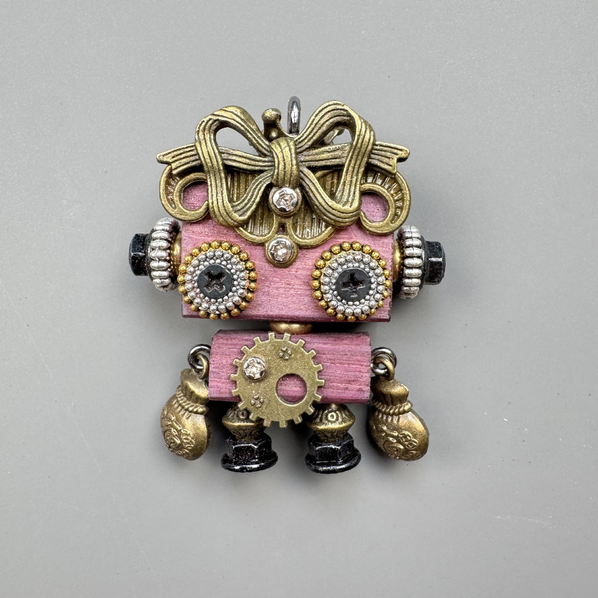 Unique Steampunk Robot Storytelling Piece - Handmade Wooden Pendant for Daily Carry, Unisex Jewelry & Tech Accessory