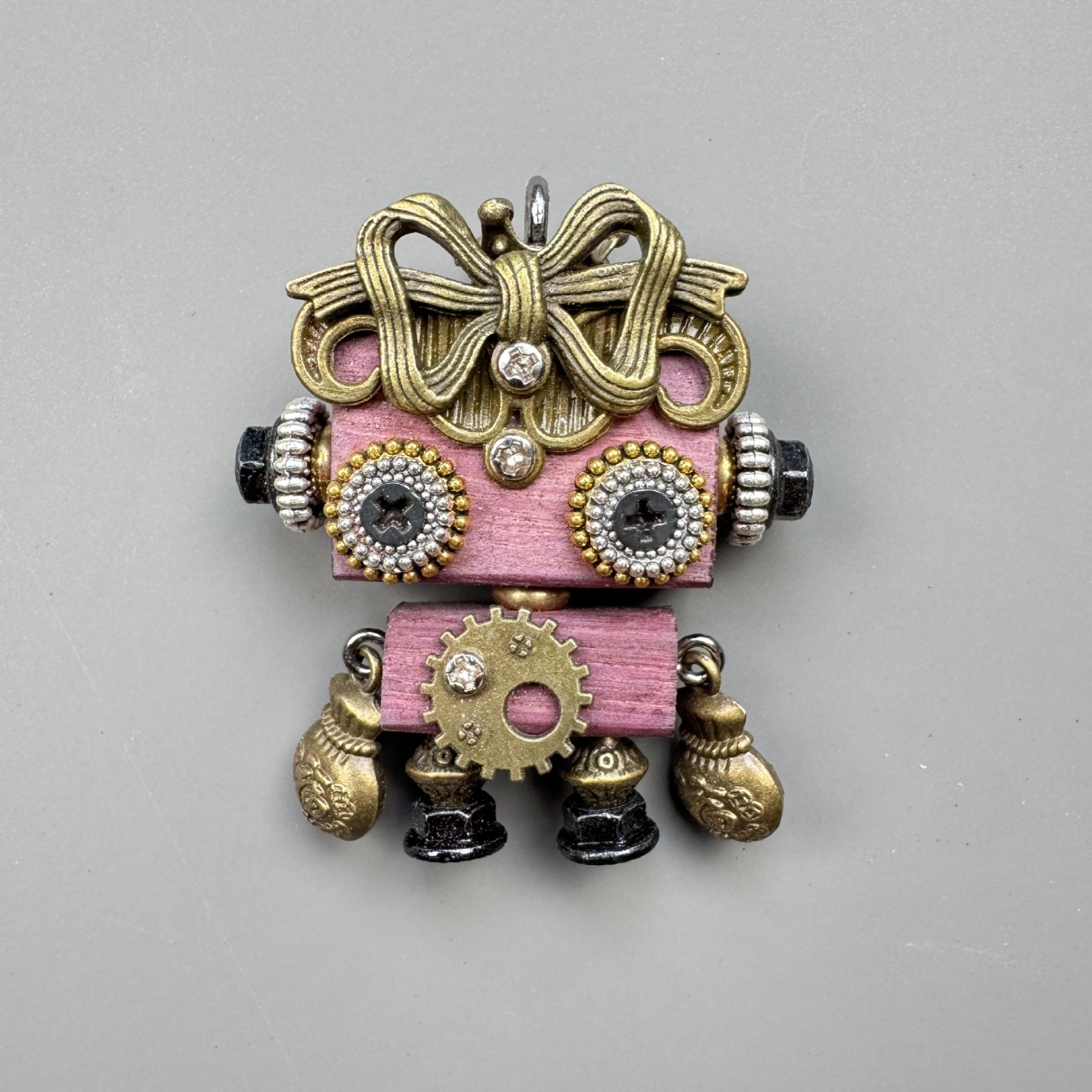 Unique Steampunk Robot Storytelling Piece - Handmade Wooden Pendant for Daily Carry, Unisex Jewelry & Tech Accessory