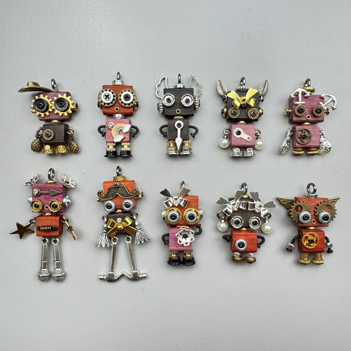 Handmade Mini Wooden Punk Robot Charm - Small Keychain, Phone Strap & Necklace Pendant for Men and Women