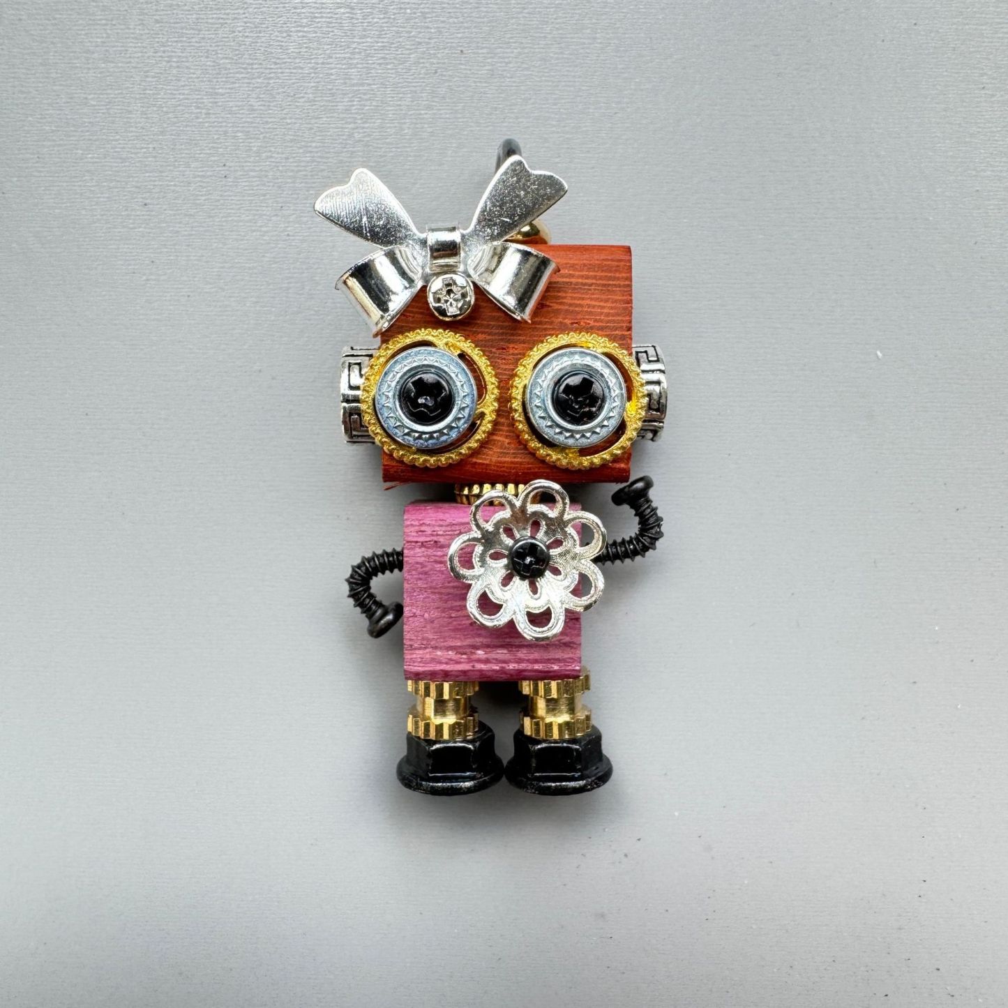 Handmade Mini Wooden Punk Robot Charm - Small Keychain, Phone Strap & Necklace Pendant for Men and Women