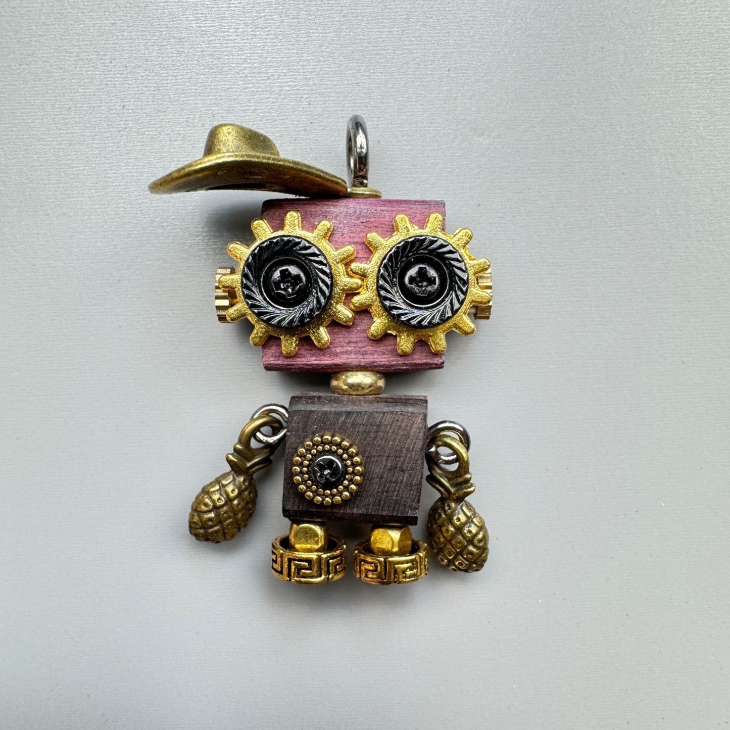 Handmade Mini Wooden Punk Robot Charm - Small Keychain, Phone Strap & Necklace Pendant for Men and Women