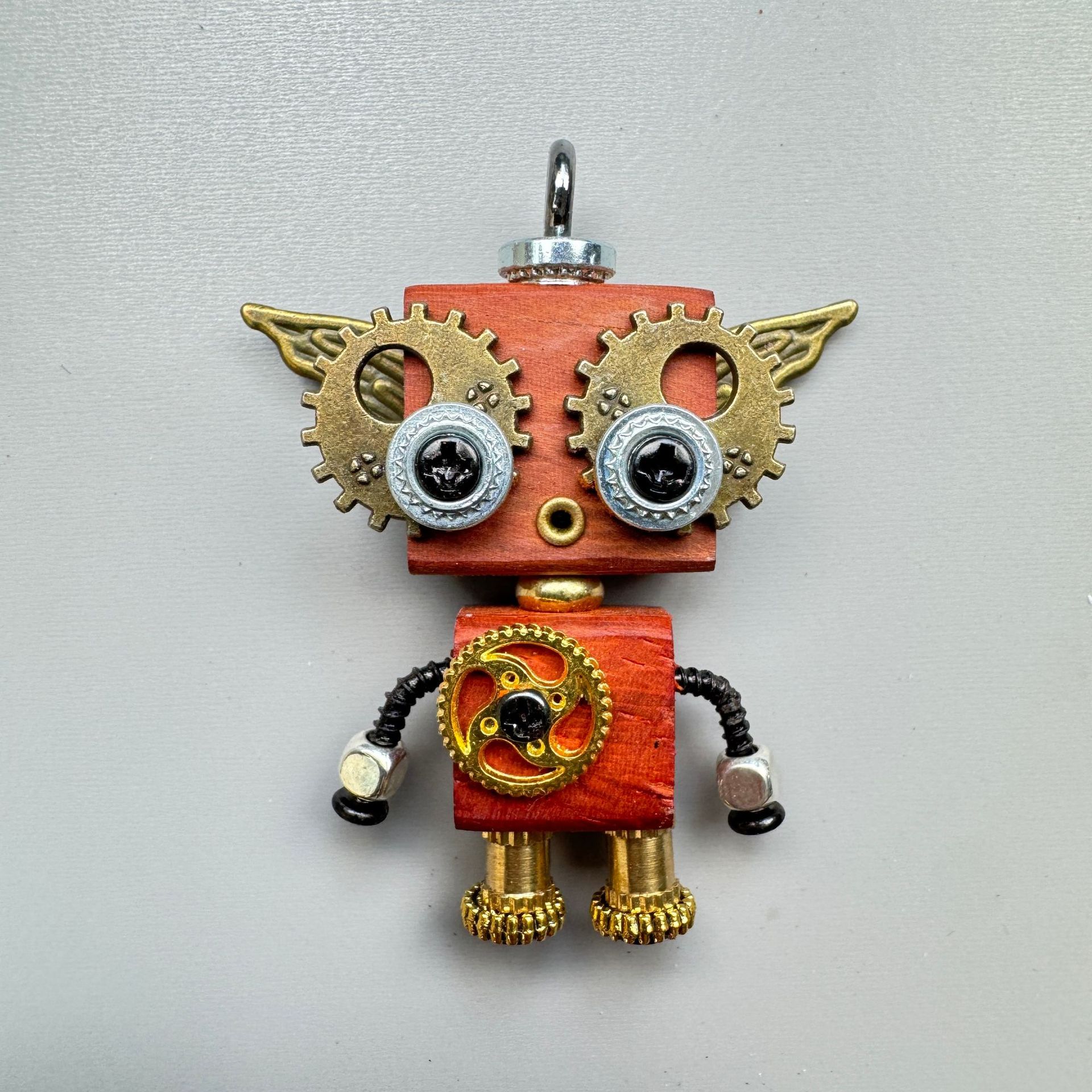 Handmade Mini Wooden Punk Robot Charm - Small Keychain, Phone Strap & Necklace Pendant for Men and Women