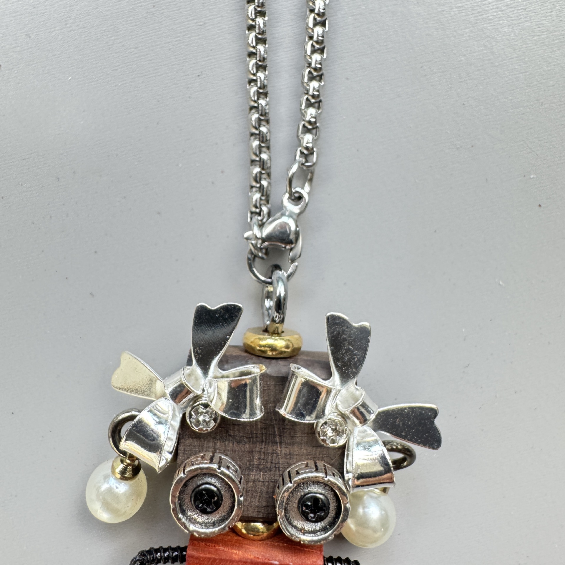 Handmade Mini Wooden Punk Robot Charm - Small Keychain, Phone Strap & Necklace Pendant for Men and Women