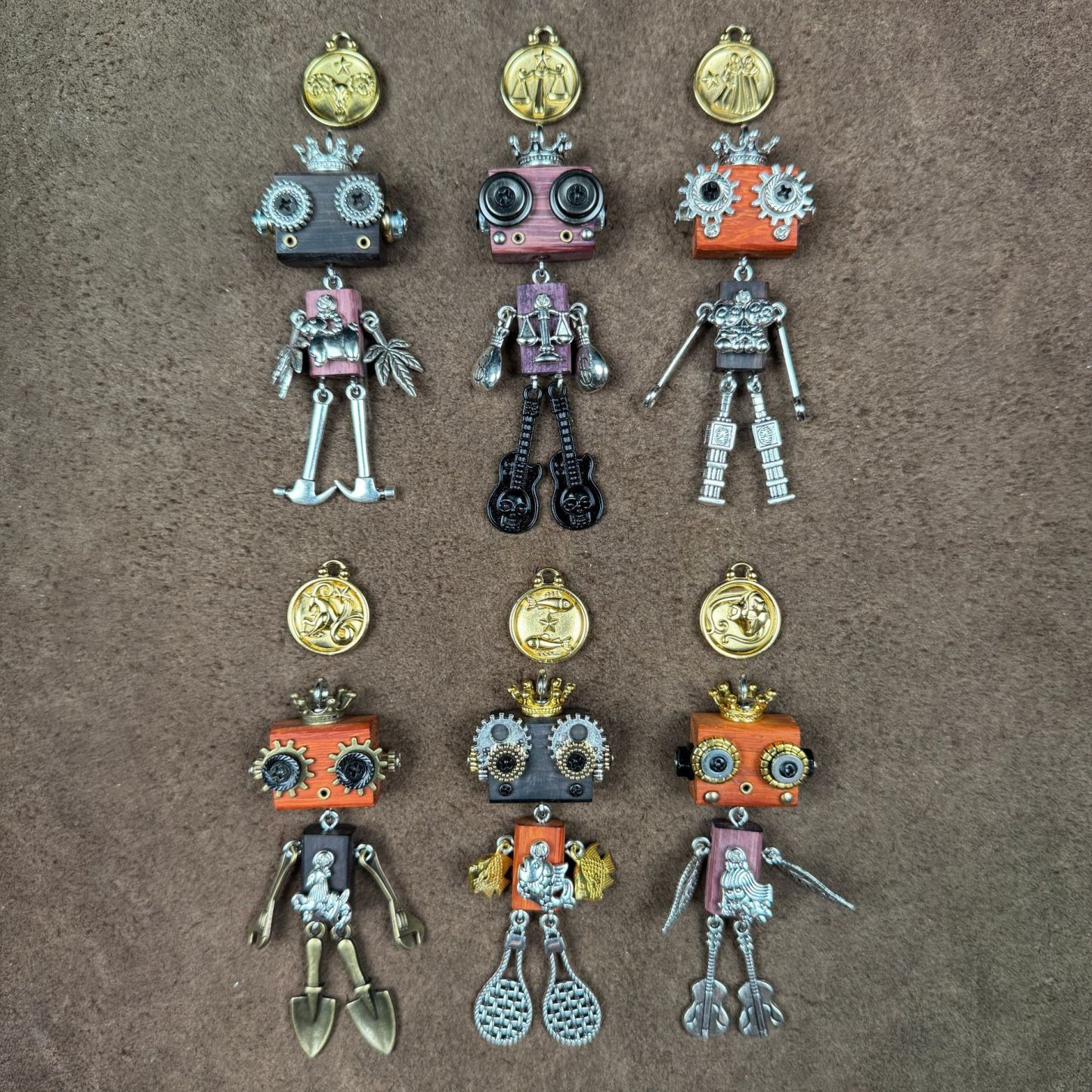 Steampunk Zodiac Guardians - Handcrafted 12 Constellation Robot Pendant, Wooden Keychain & Geek Gift