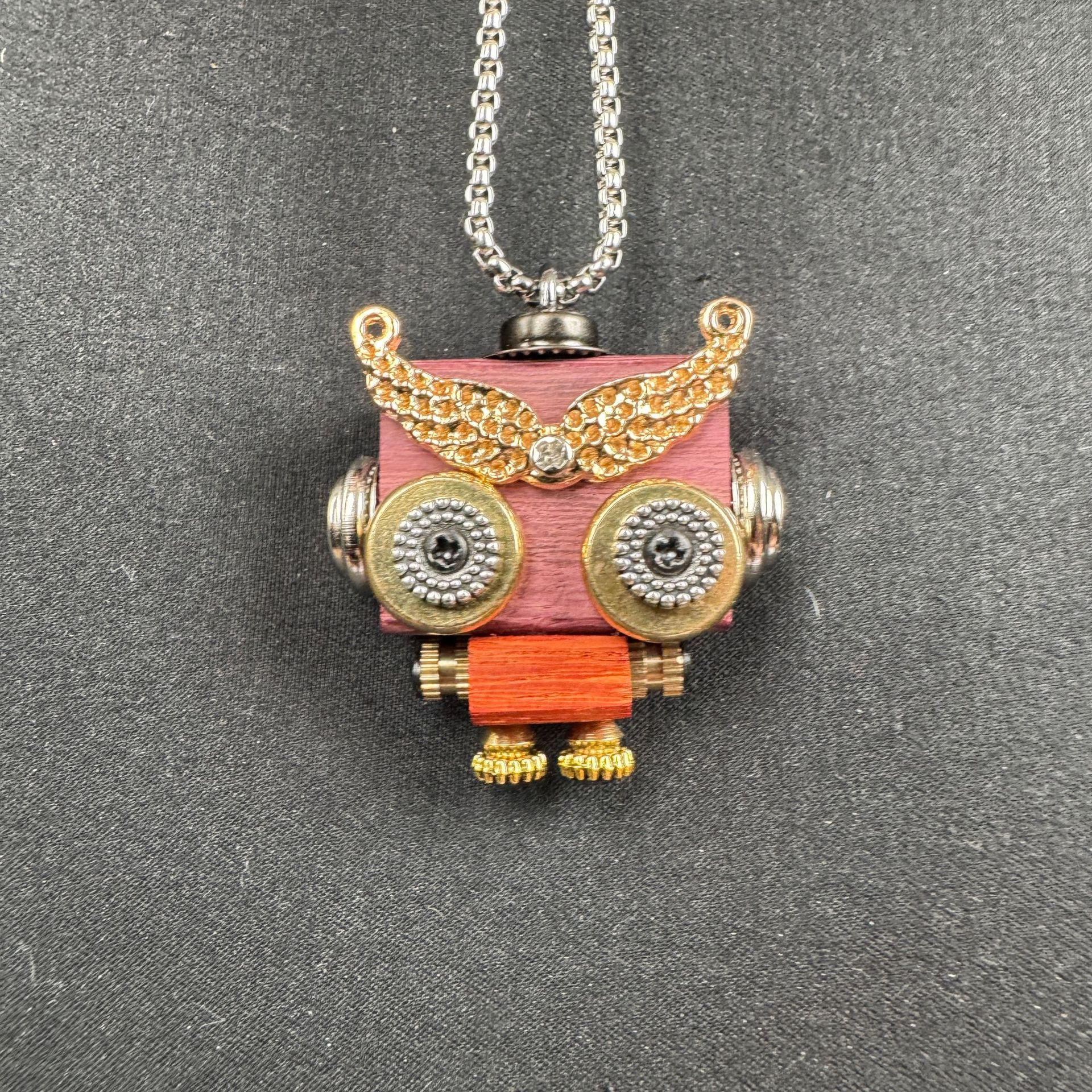 Pocket-Sized Steampunk Robot - Handmade Vintage-Tech Wood Pendant, Versatile Unisex Jewelry & Phone Charm