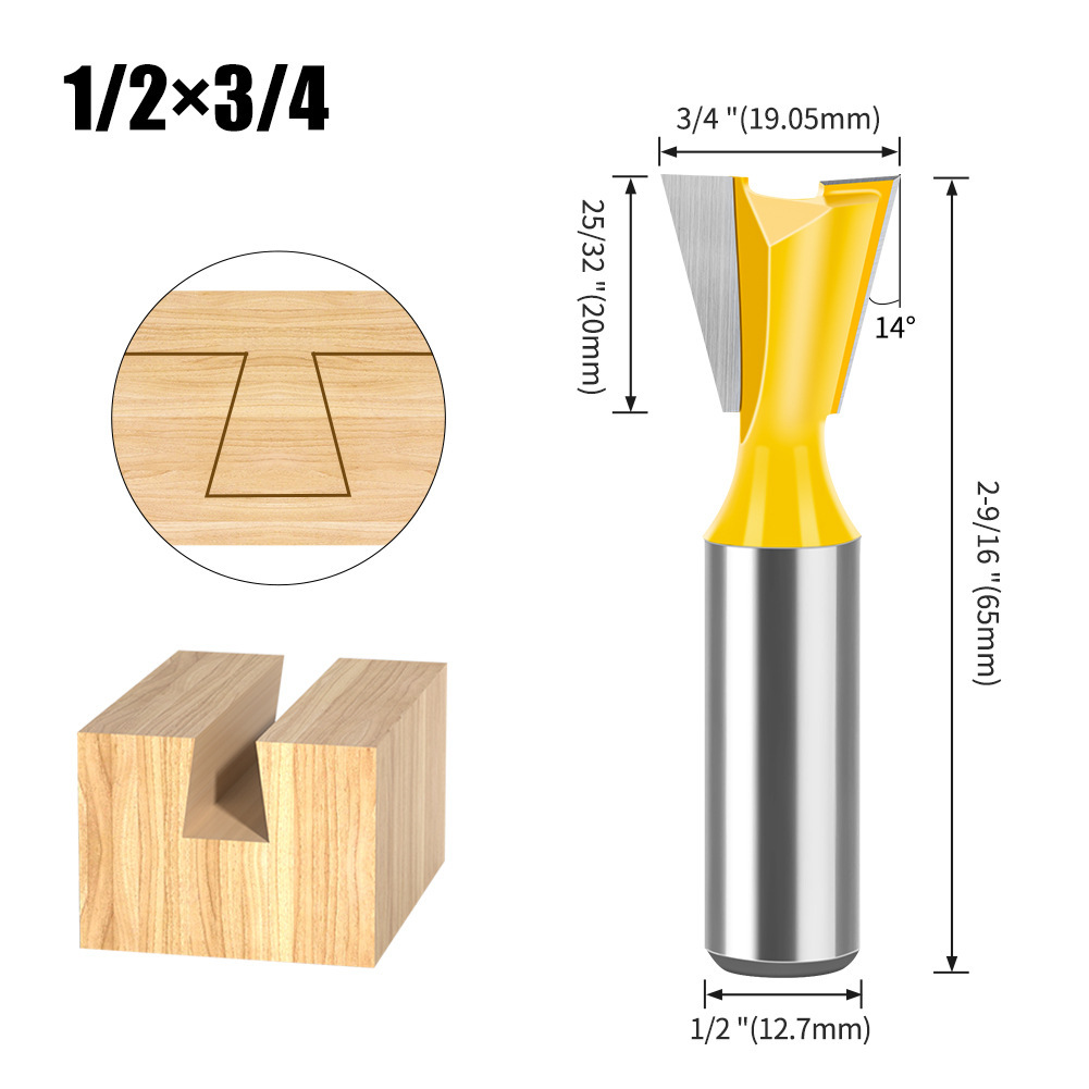 Dovetail Slot Bit - 1/4" & 1/2" Shank - Woodworking Router Bit for Dovetail Joints, Trim, and Edge Profiling - Teflon Coated