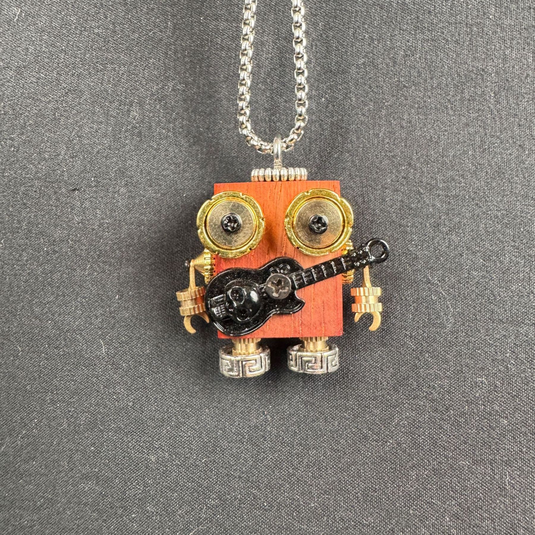 Original Handmade Punk Robot Pendant - Artisan Wooden Keychain & Phone Charm, Unique Unisex Necklace Accessory