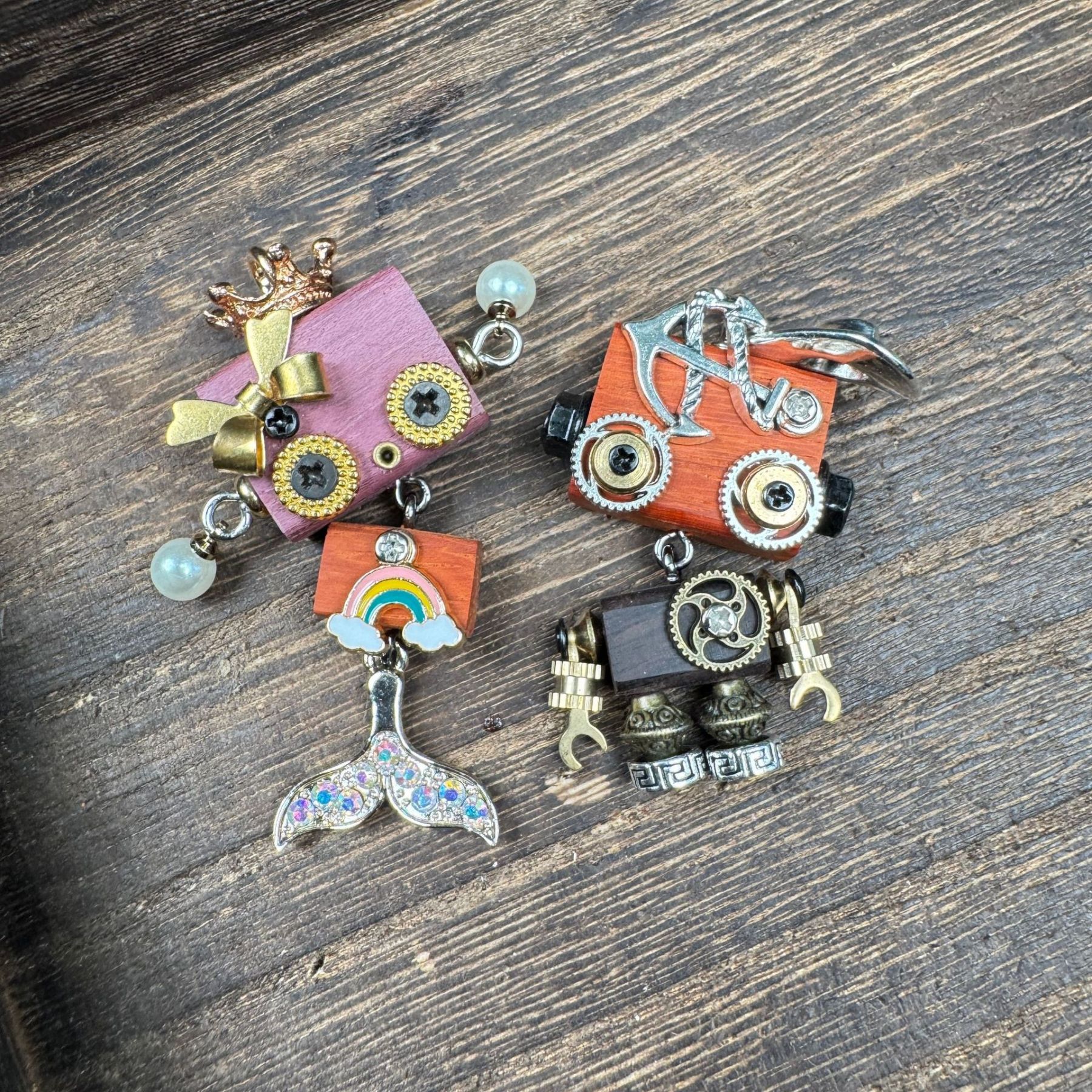 Steampunk Robot Pendant - Handcrafted Wooden Keychain, Necklace Charm & Phone Chain Accessory for Men and Women