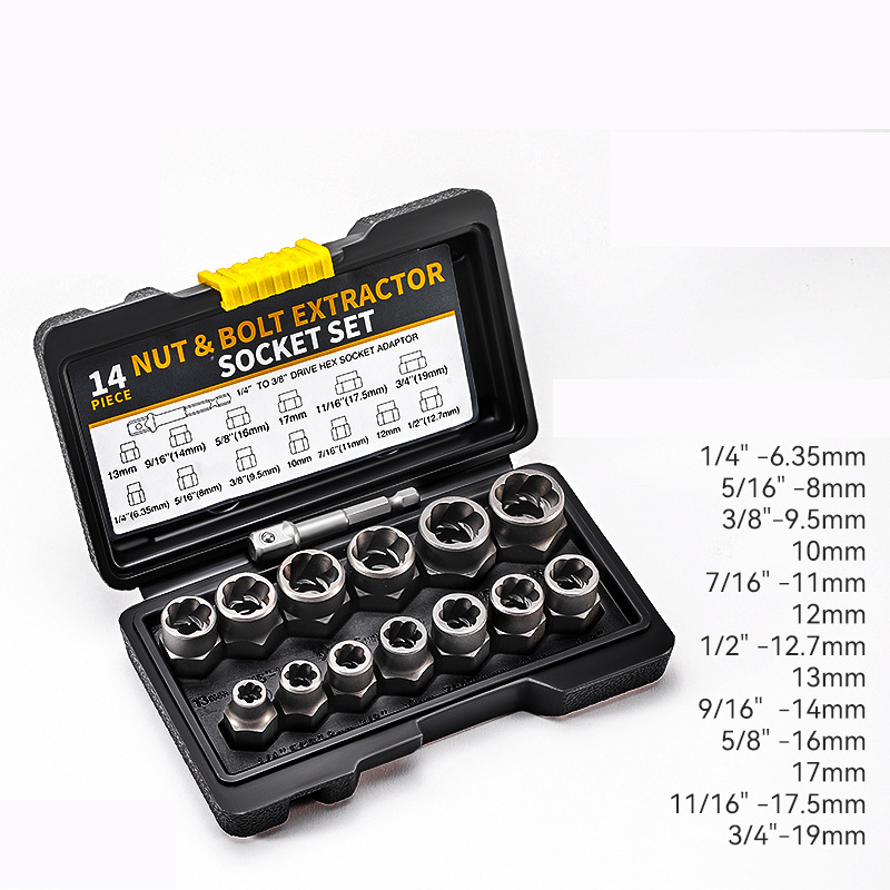 14-Piece Reverse Flute Nut Remover Socket Set | CR-MO Steel Forged | For Removing Rusted, Damaged, Stripped & Painted Nuts | 3/8" Standard Drive | Electric & Manual Use